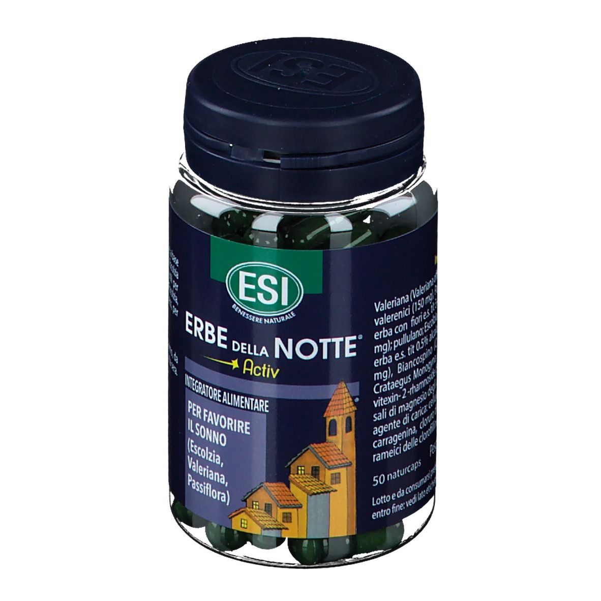 ESI Erbe della Notte® Active. Flacone con capsule verdi. Parte anteriore con testo e logo.