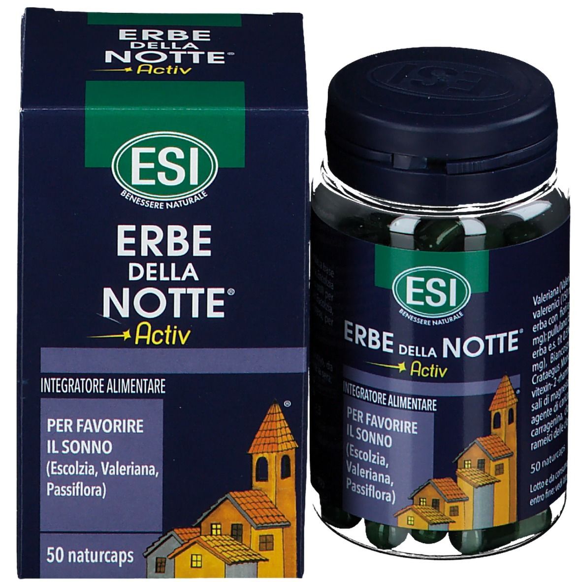 ESI Erbe della Notte® Active. Scatola e flacone con capsule. Testo e logo.