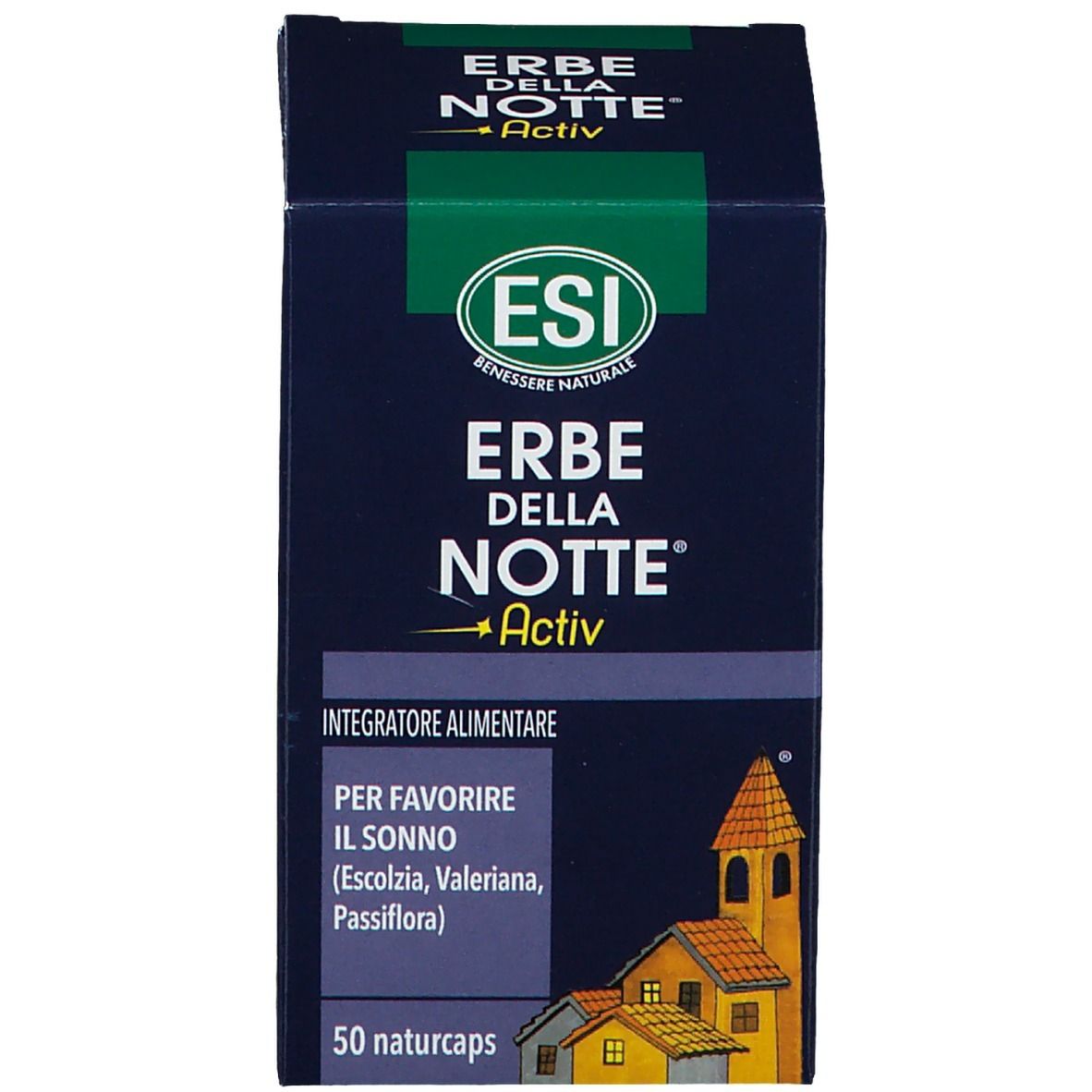 ESI Erbe della Notte® Active. Scatola blu con testo e logo.