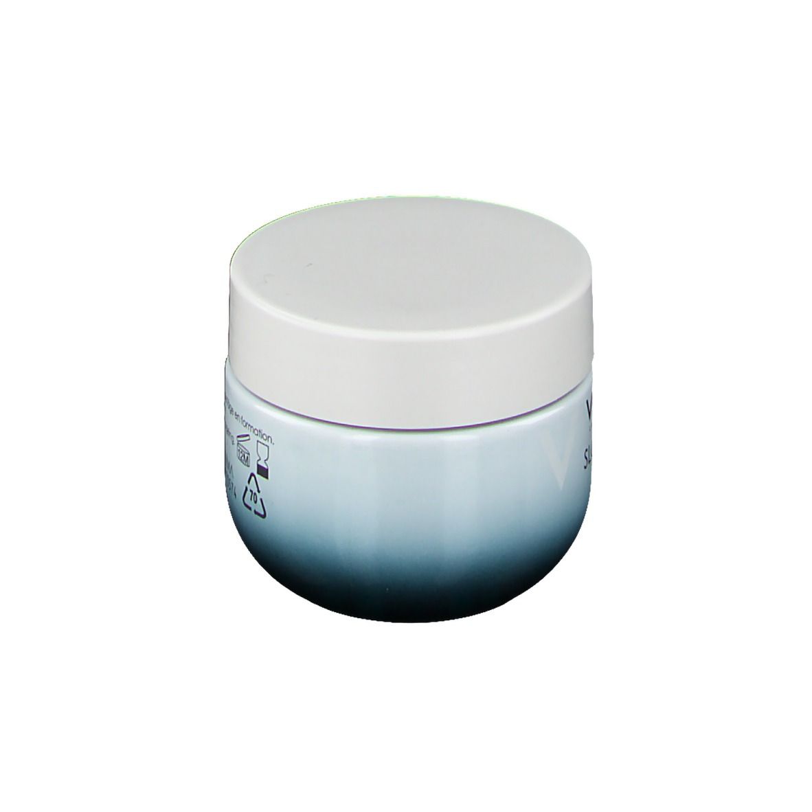 Vaso di crema con coperchio bianco e sfumatura blu-verde. Retro con testo e simboli.