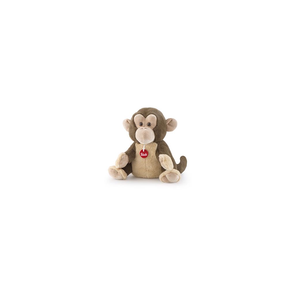 Scimmia di peluche marrone e beige. È seduta con le braccia tese. Visibile etichetta rossa con la scritta "Trudi".