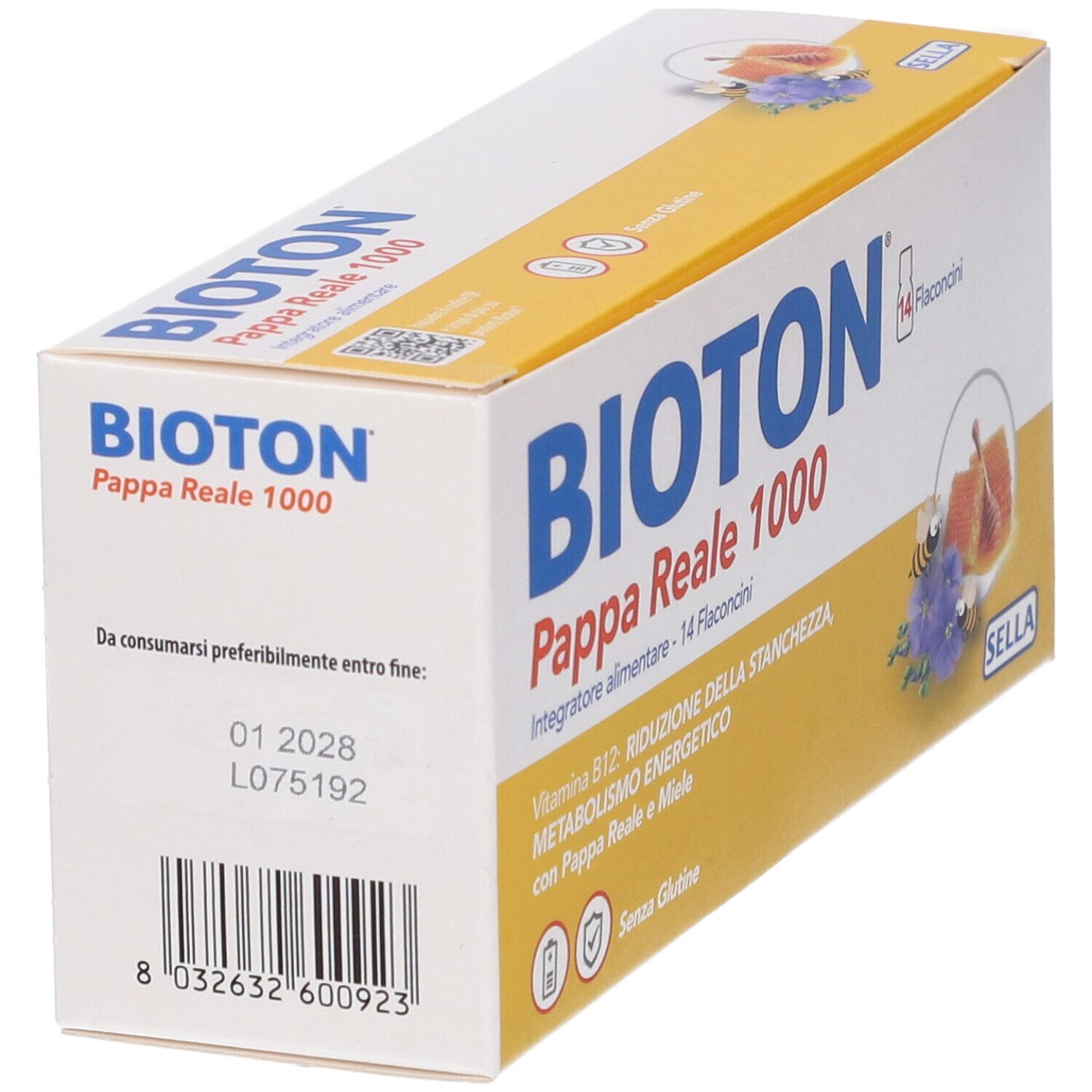 Gelbe Schachtel "Bioton Pappa Reale 1000". Aufdrucke: "Vitamin B12", "Glutenfrei". Produktansicht schräg.