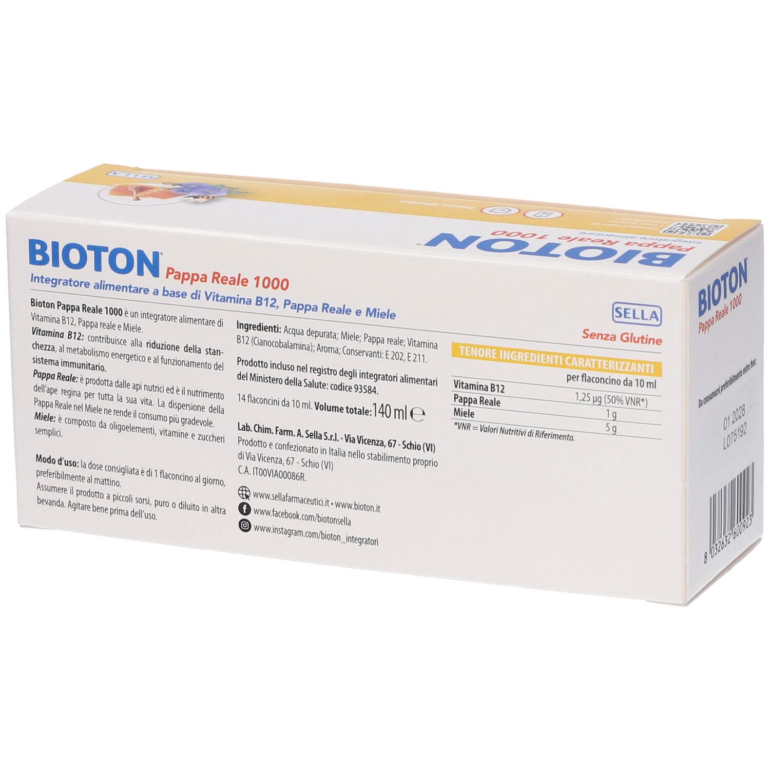Rückseite der gelben Schachtel "Bioton Pappa Reale 1000". Enthält Inhaltsstoffe und Nährwertangaben. "Glutenfrei".