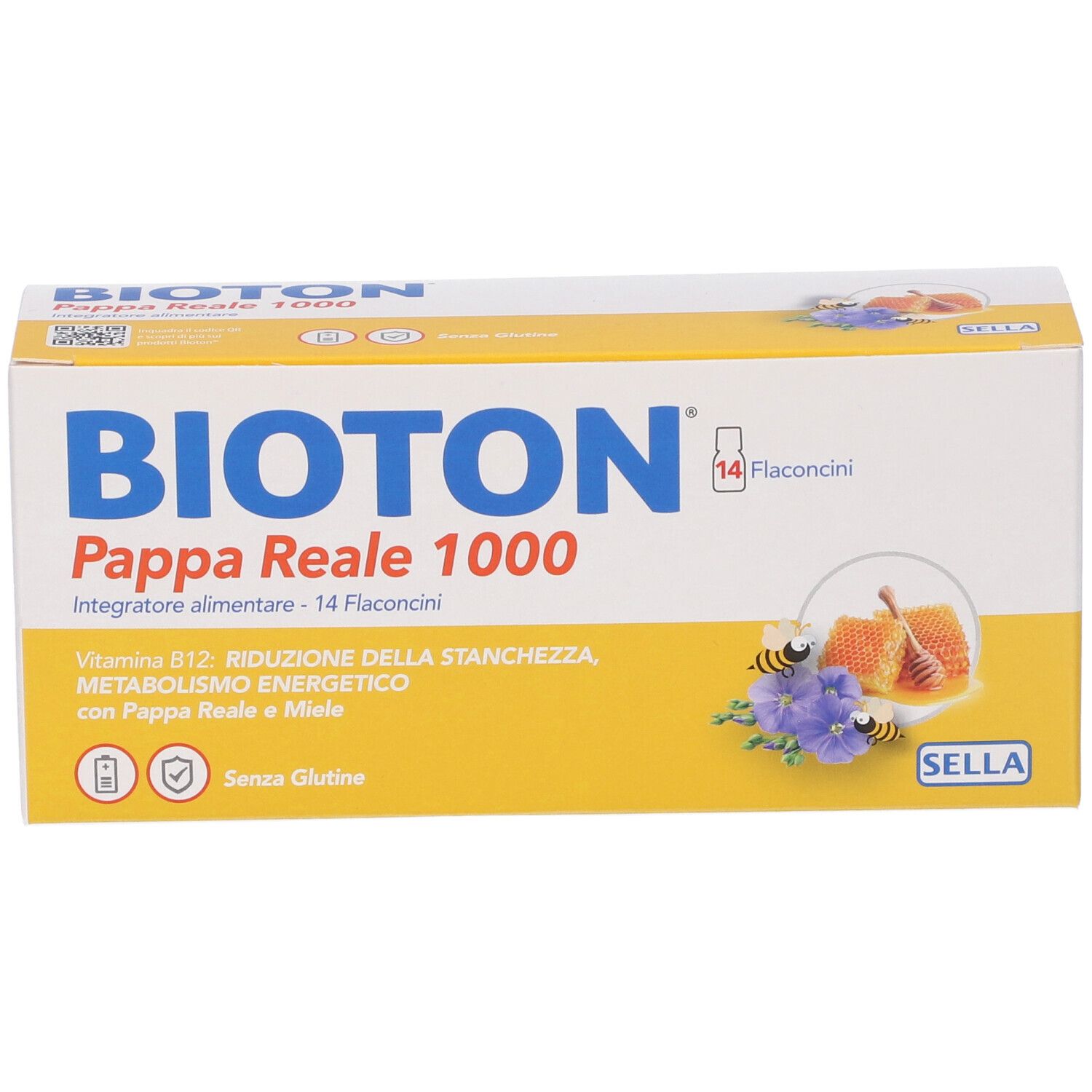 Gelbe Schachtel "Bioton Pappa Reale 1000". Enthält 14 Fläschchen. Aufdrucke: "Vitamin B12", "Glutenfrei".