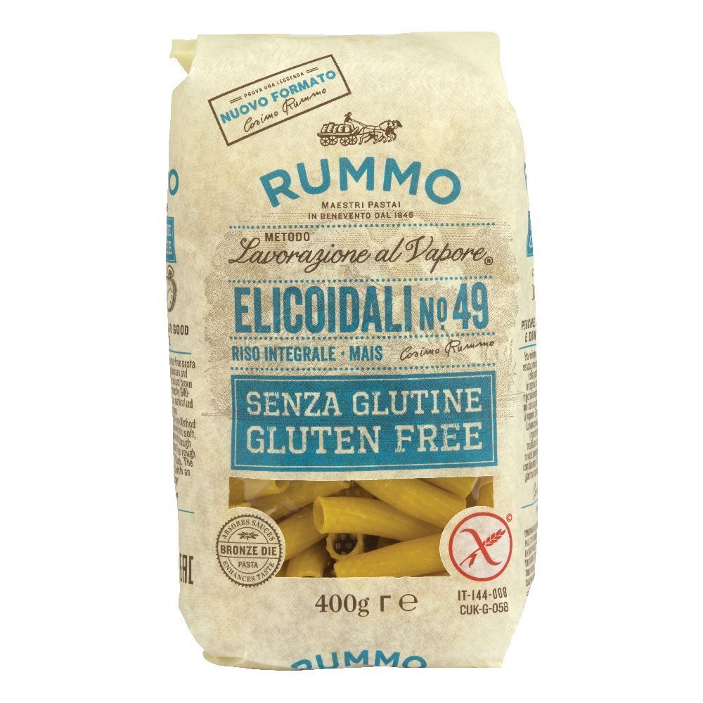 Confezione di Rummo Elicoidali N49 senza glutine. Scritta blu, 400g. Sigillo Trafila al Bronzo.
