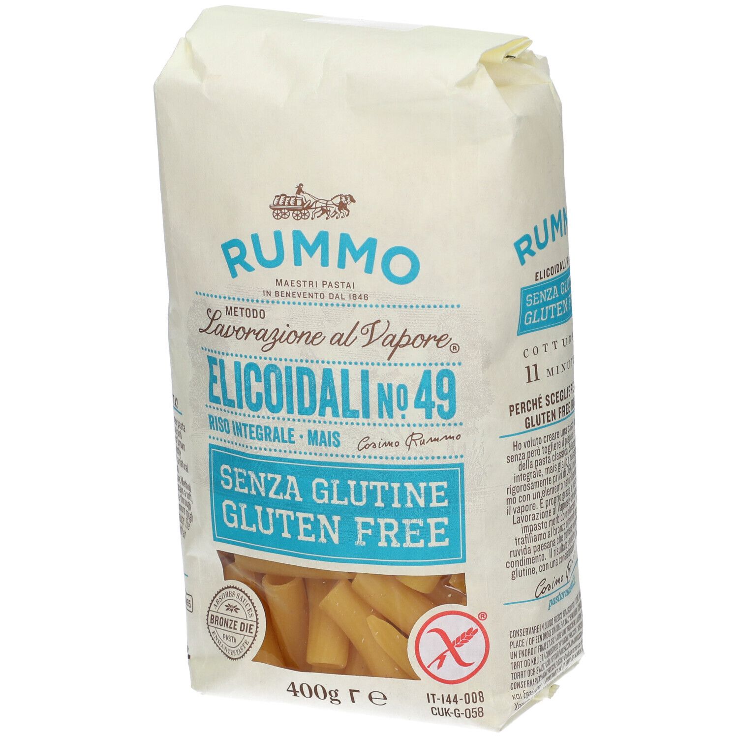 Confezione angolata di Rummo Elicoidali N49 senza glutine. Scritta blu, 400g.