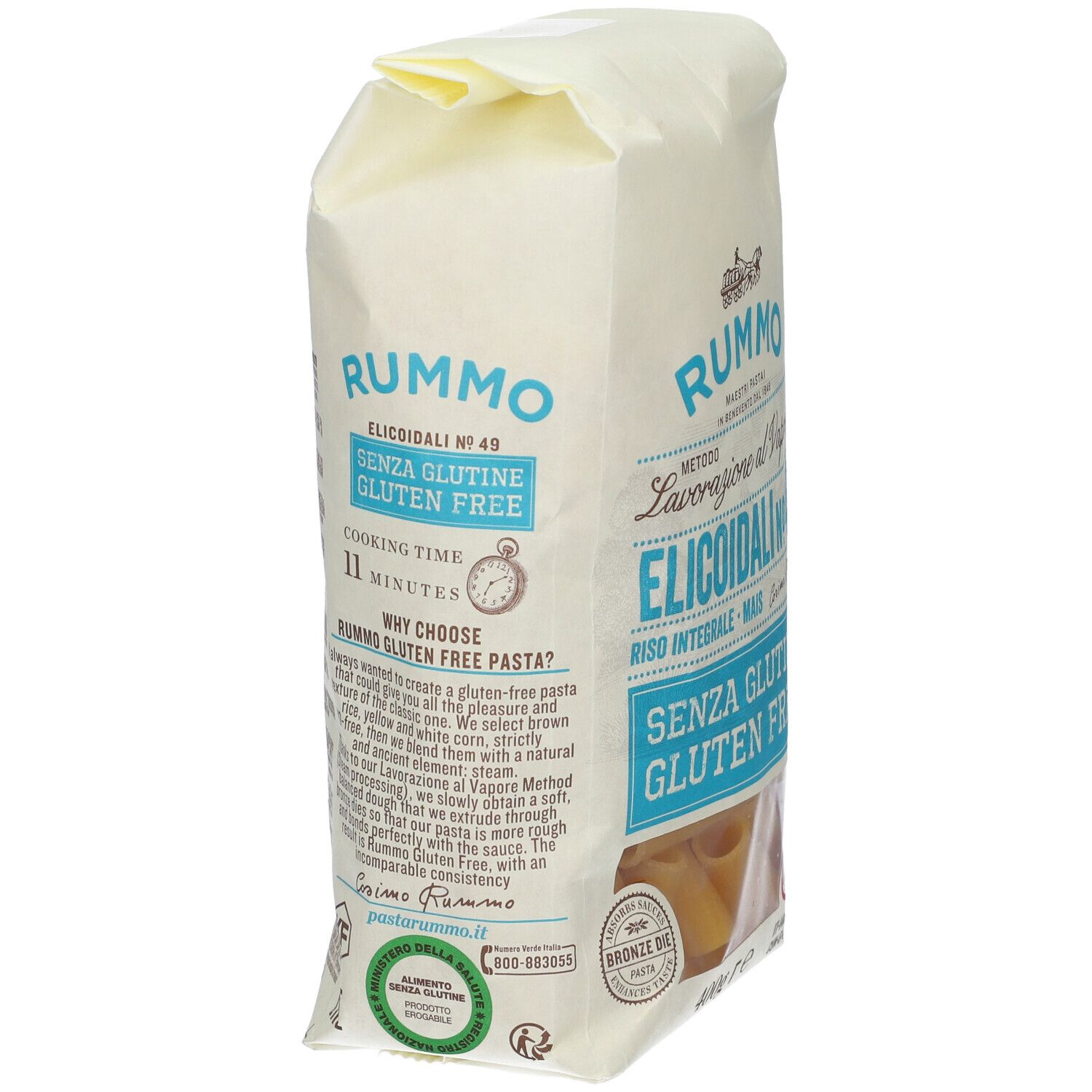 Confezione di Rummo Elicoidali N49 senza glutine. Cottura 11 minuti. Testo sul retro.