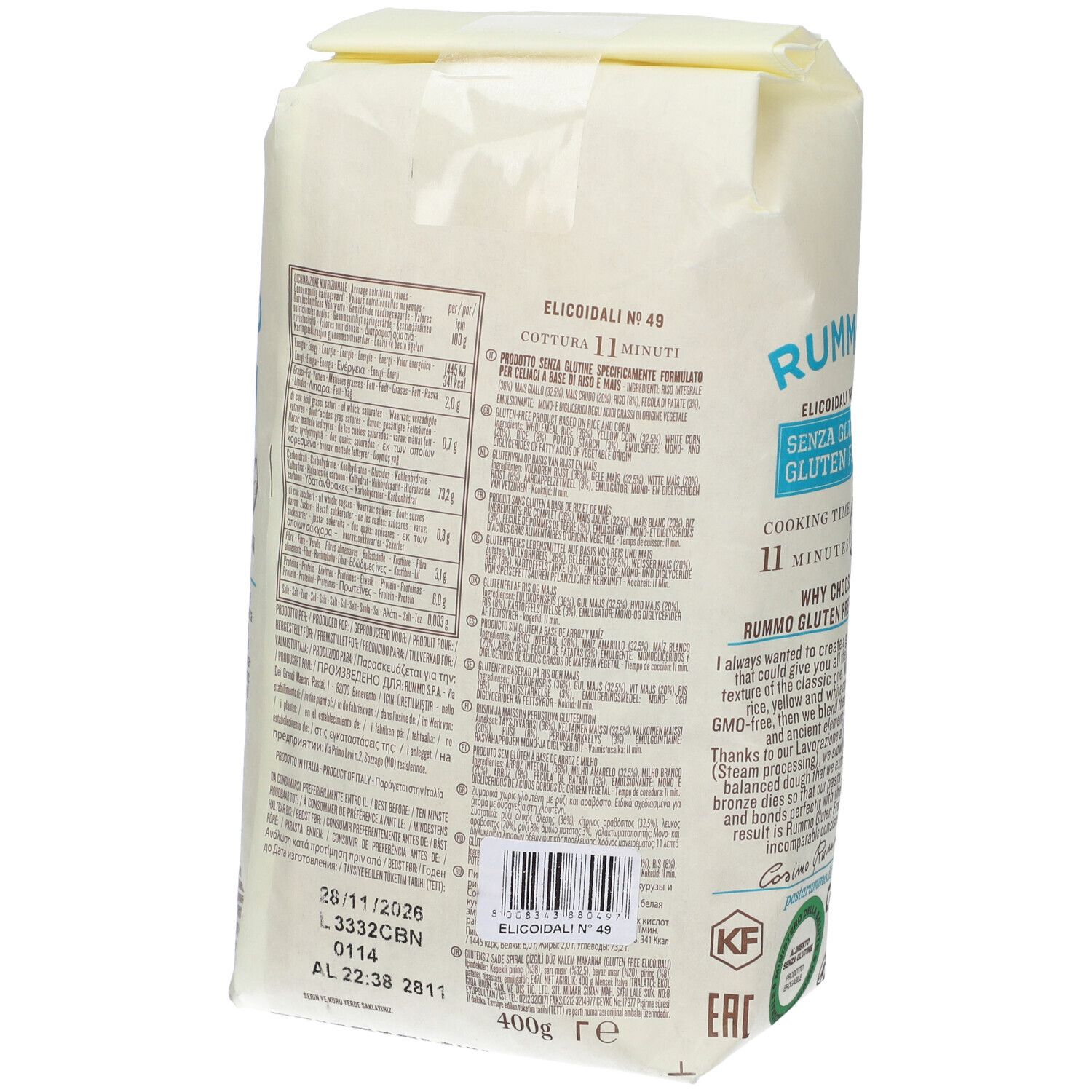 Retro della confezione Rummo Elicoidali N49 senza glutine. Testo, codice a barre, 400g.
