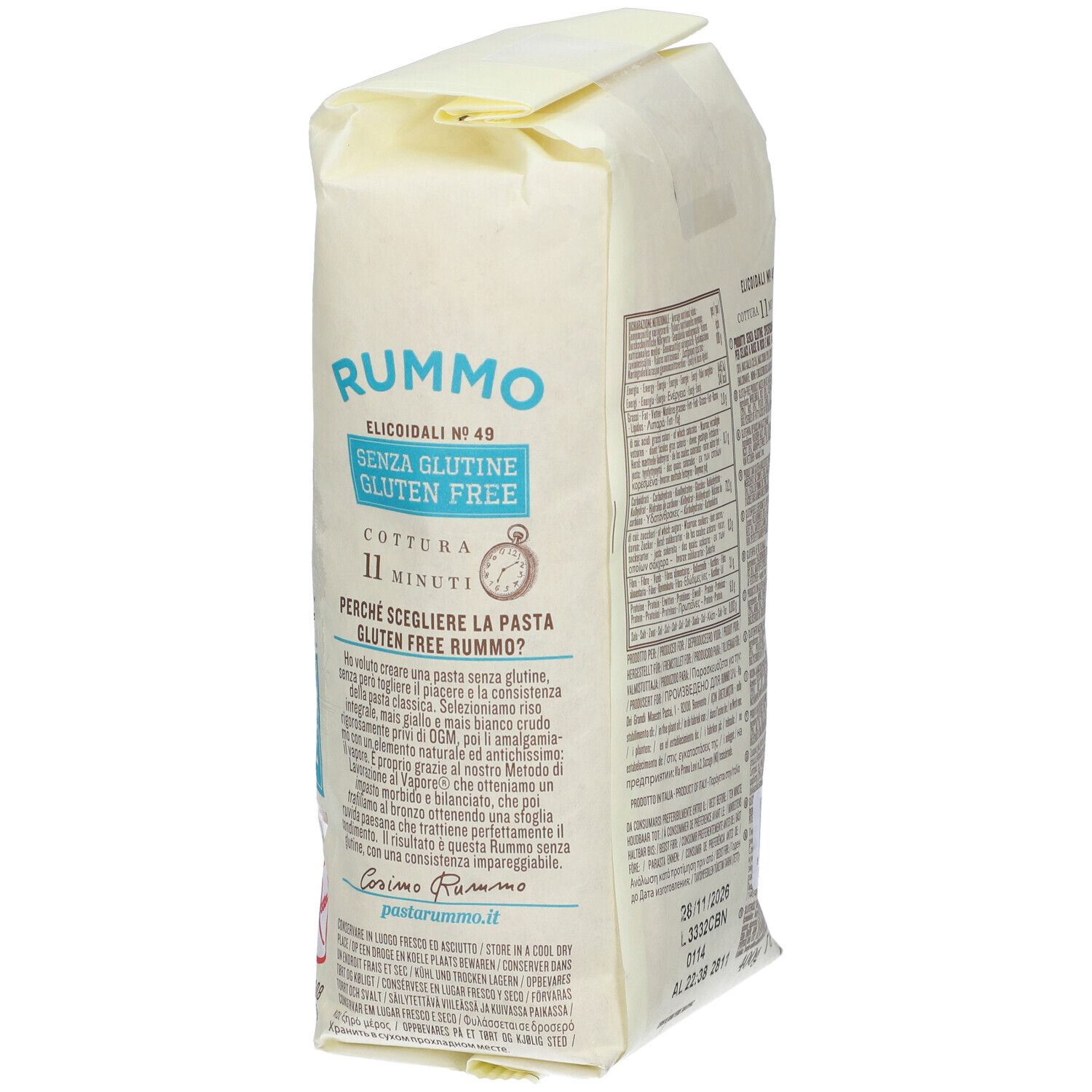 Confezione di Rummo Elicoidali N49 senza glutine. Cottura 11 minuti. Testo, logo.
