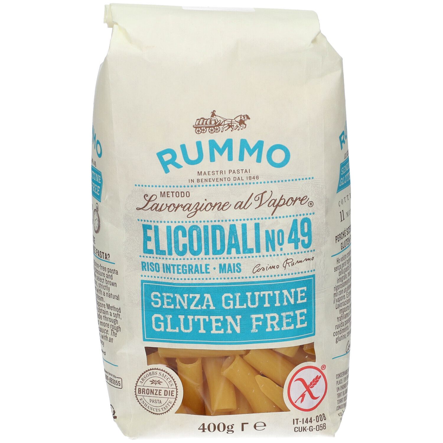 Confezione di Rummo Elicoidali N49 senza glutine. Scritta blu, 400g. Sigillo Trafila al Bronzo.