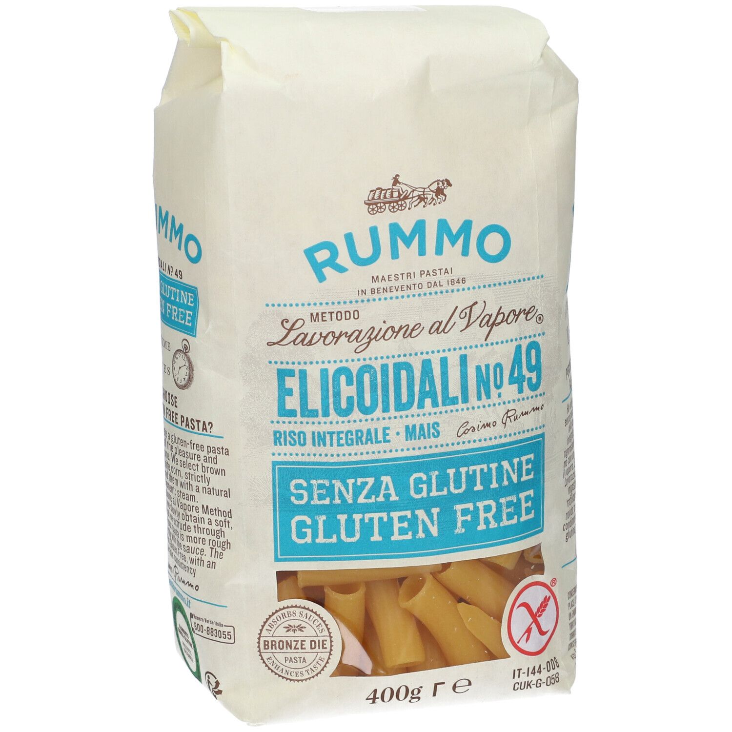 Confezione di Rummo Elicoidali N49 senza glutine. Scritta blu, 400g. Sigillo Trafila al Bronzo.