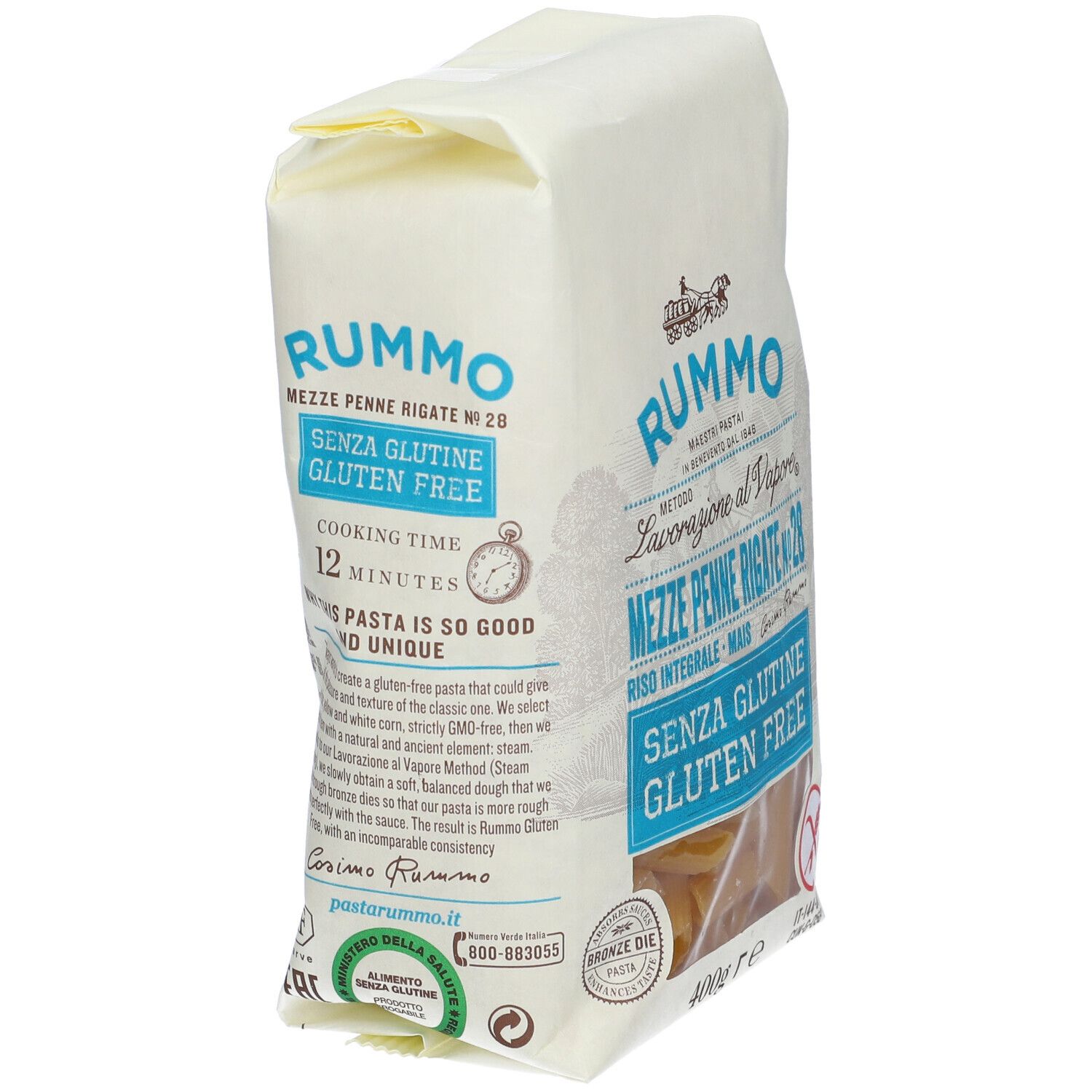 Rummo Mezze Penne Rigate No. 28, 400g Packung, glutenfrei, Kochzeit 12 Minuten.