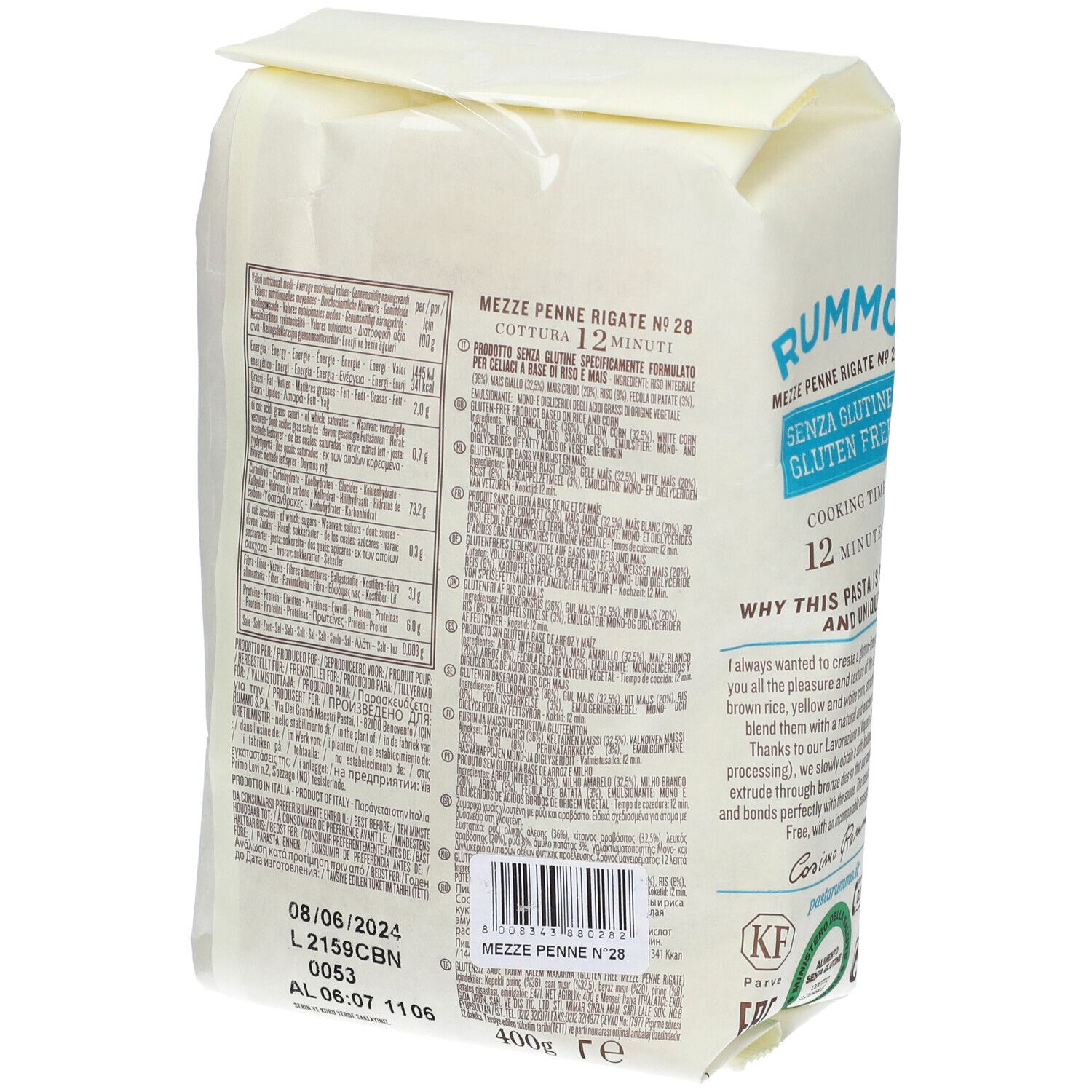 Rückseite der Rummo Mezze Penne Rigate No. 28 Packung mit Nährwertangaben und Zutaten.