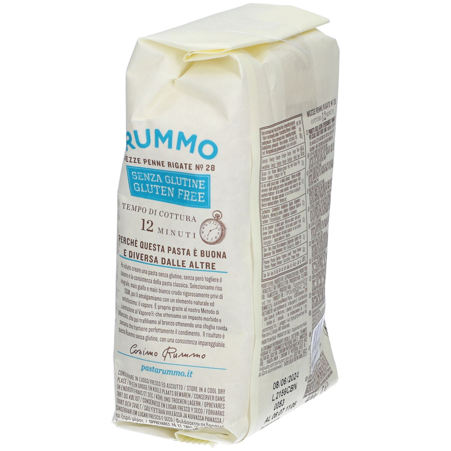 Rummo Mezze Penne Rigate No. 28, 400g Packung, glutenfrei, Kochzeit 12 Minuten.