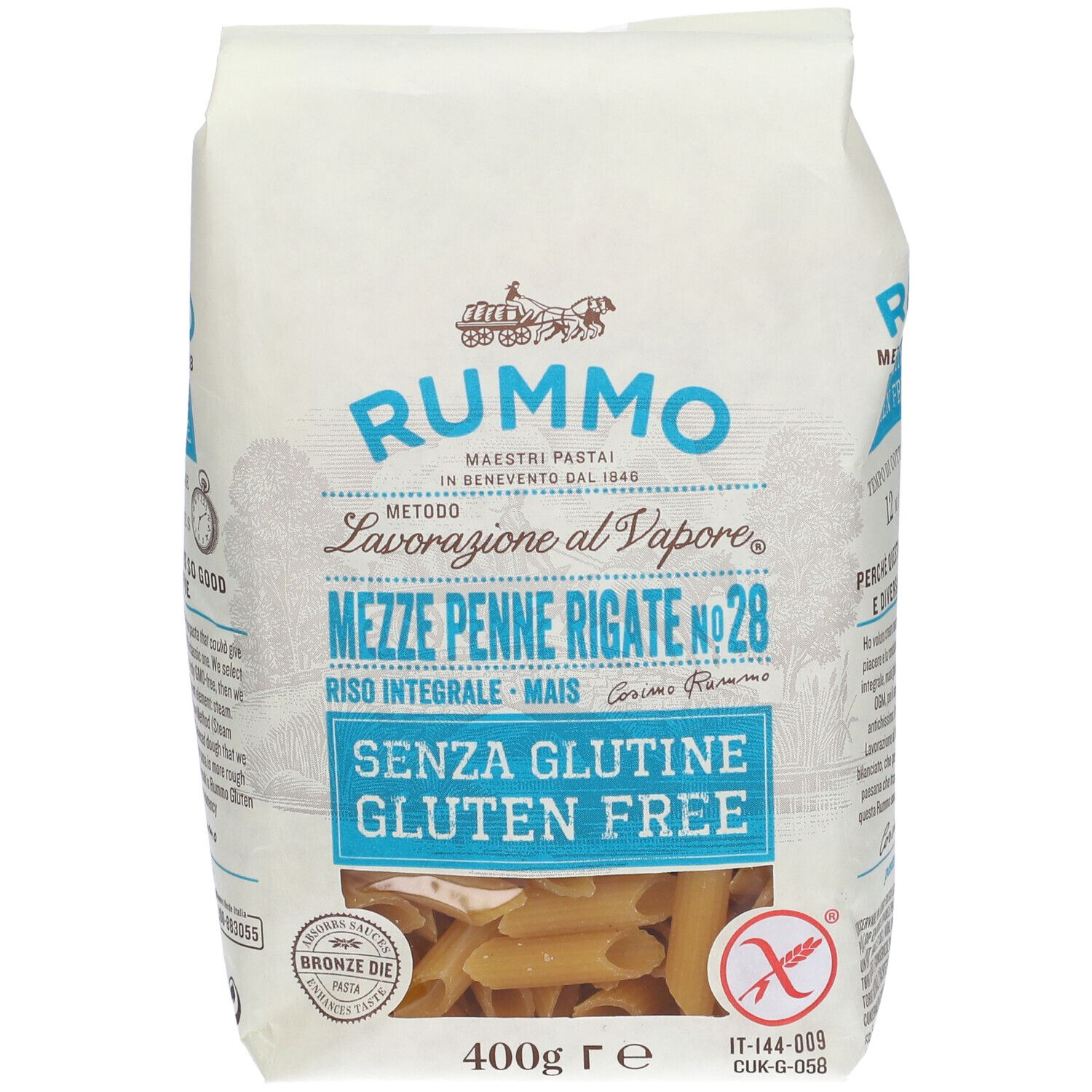 Rummo Mezze Penne Rigate No. 28, 400g Packung, glutenfrei, mit Bronze-Siegel.
