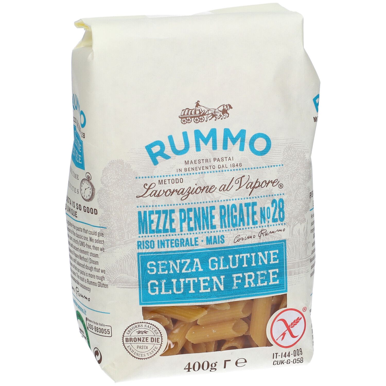 Rummo Mezze Penne Rigate No. 28, 400g Packung, glutenfrei, mit Bronze-Siegel.