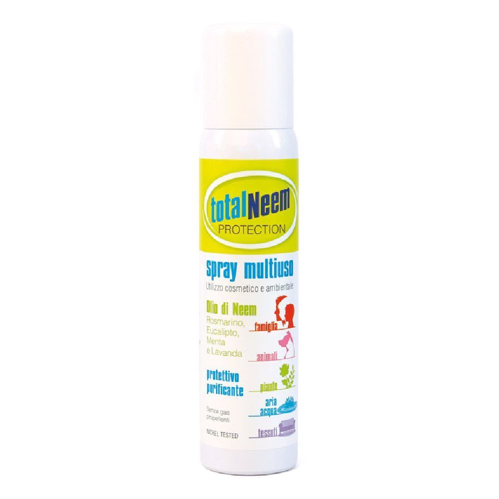 Flacone spray bianco e giallo. Scritta: totalNeem PROTECTION, Spray multiuso. Icone: famiglia, animali, piante, aria, acqua.