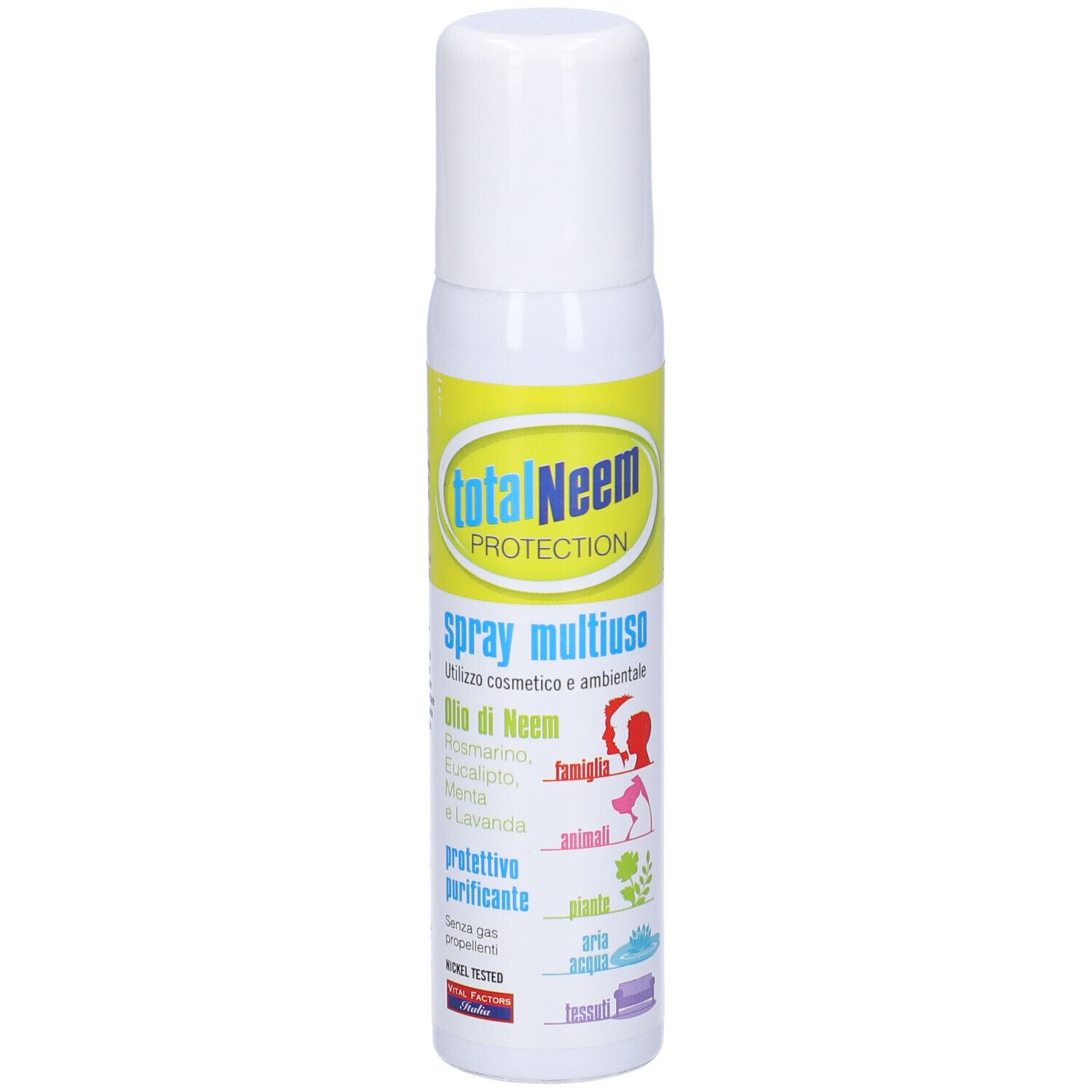 Flacone spray bianco e giallo. Scritta: totalNeem PROTECTION, Spray multiuso. Icone: famiglia, animali, piante, aria, acqua.