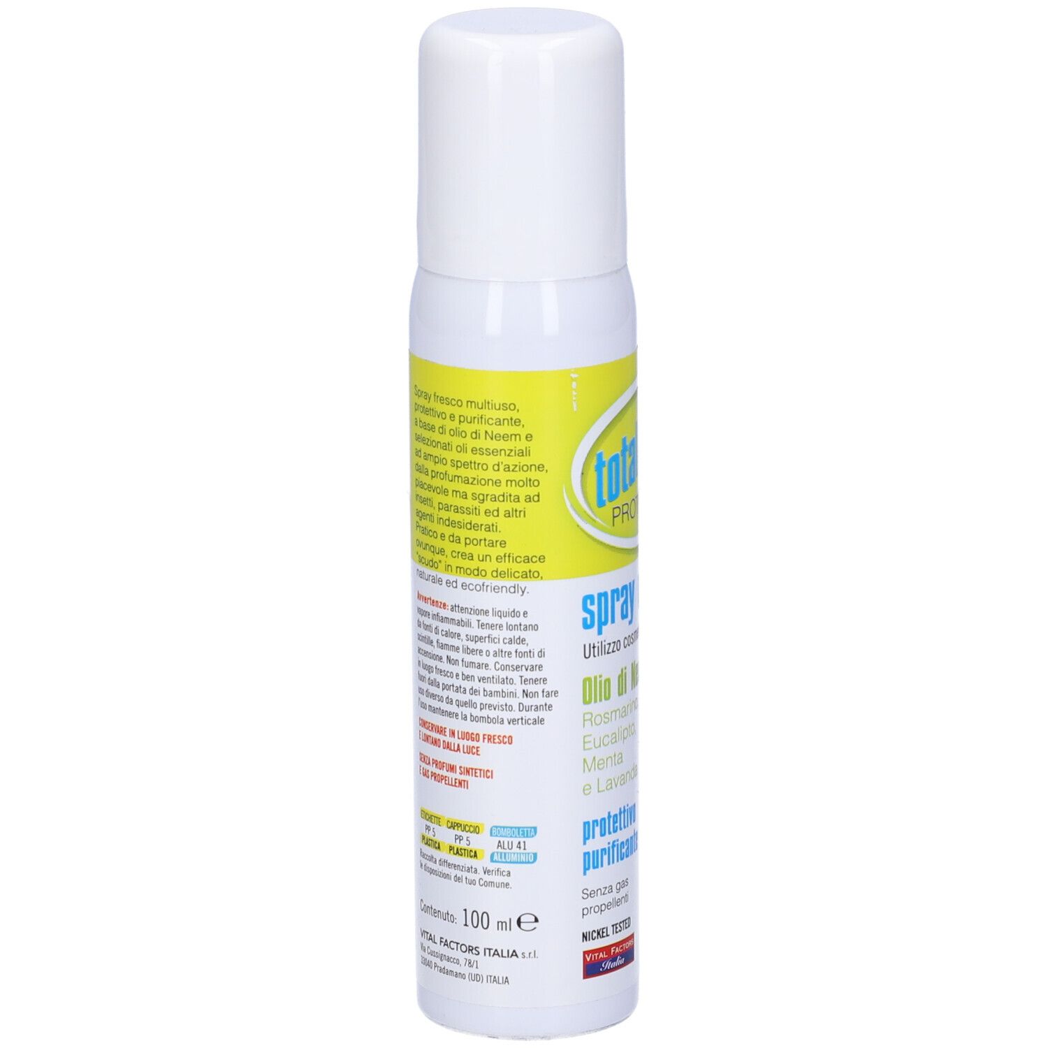 Flacone spray bianco e giallo. Scritta: totalNeem PROTECTION, Spray multiuso. Icone: famiglia, animali, piante, aria, acqua.