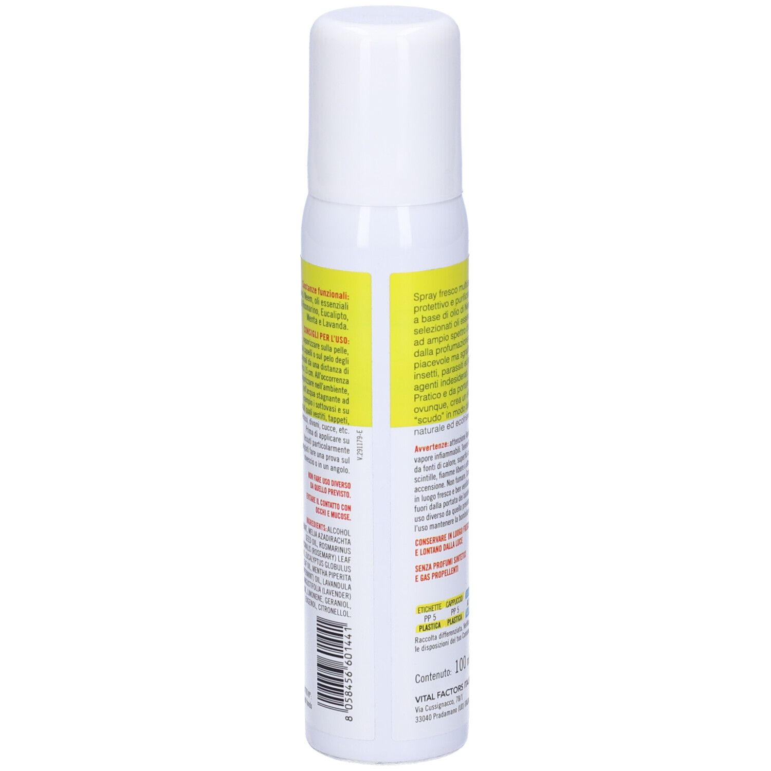 Flacone spray bianco e giallo. Scritta: totalNeem PROTECTION, Spray multiuso. Retro con testo e ingredienti.