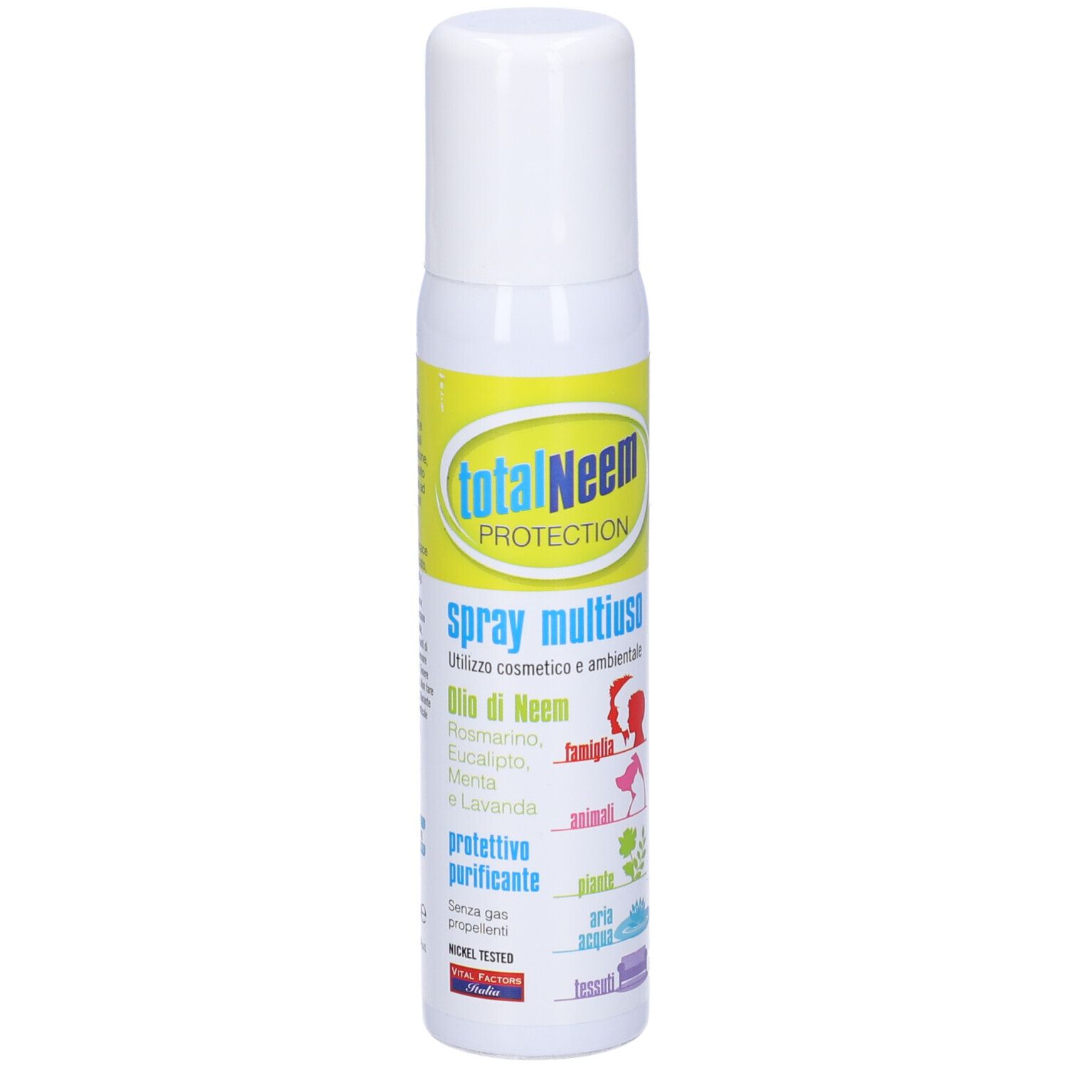 Flacone spray bianco e giallo. Scritta: totalNeem PROTECTION, Spray multiuso. Icone: famiglia, animali, piante, aria, acqua.