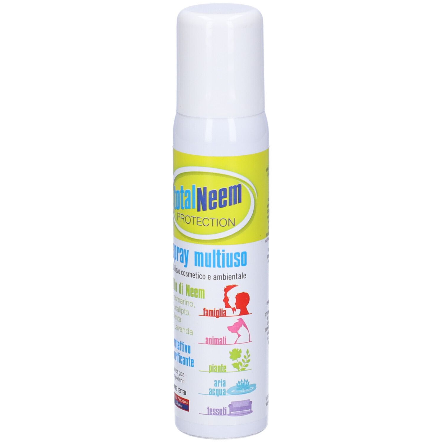 Flacone spray bianco e giallo. Scritta: totalNeem PROTECTION, Spray multiuso. Icone: famiglia, animali, piante, aria, acqua.