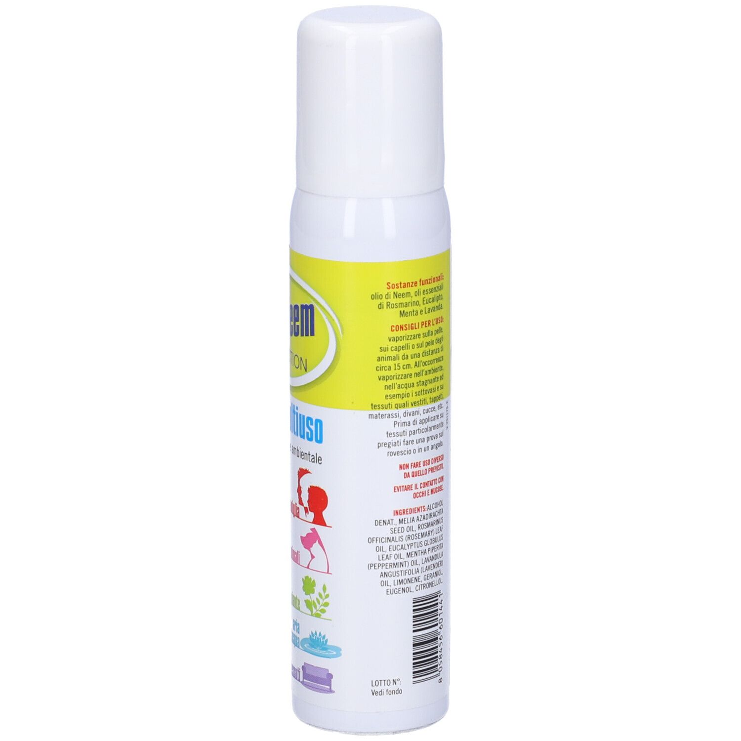 Flacone spray bianco e giallo. Scritta: totalNeem PROTECTION, Spray multiuso. Retro con testo e ingredienti.