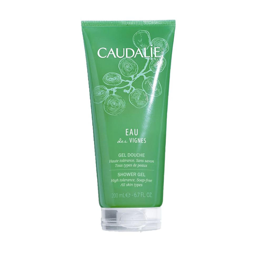 Tubo di gel doccia verde con scritta bianca CAUDALÍE e nome del prodotto. Contiene 200 ml. Flacone con tappo a ribalta.