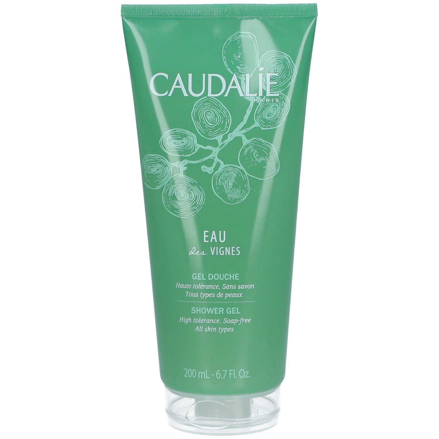 Tubo di gel doccia verde con scritte bianche CAUDALÍE e nome del prodotto. Contiene 200 ml. Flacone con tappo a ribalta.