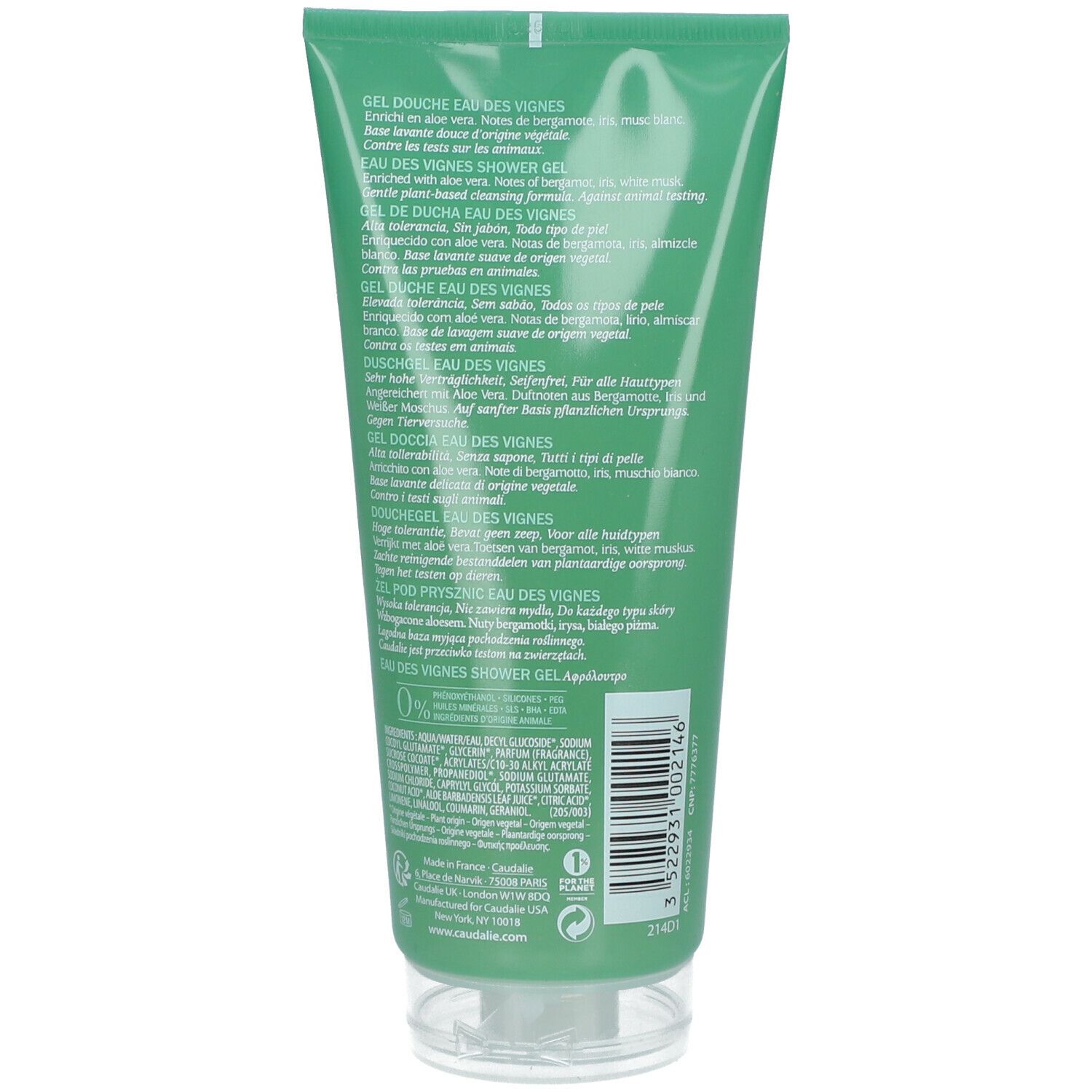 Retro del tubo di gel doccia verde con informazioni sul prodotto in più lingue. Contiene 200 ml. Con tappo a ribalta.
