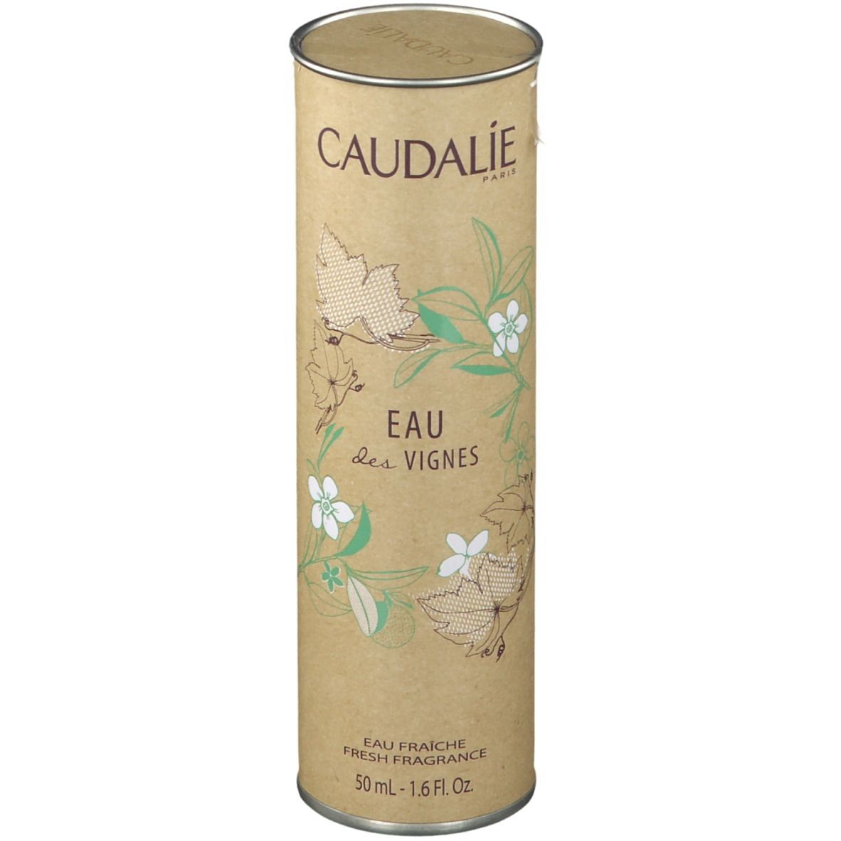 Confezione cilindrica di cartone. Scritta: Caudalie, Eau des Vignes. Con illustrazioni floreali.