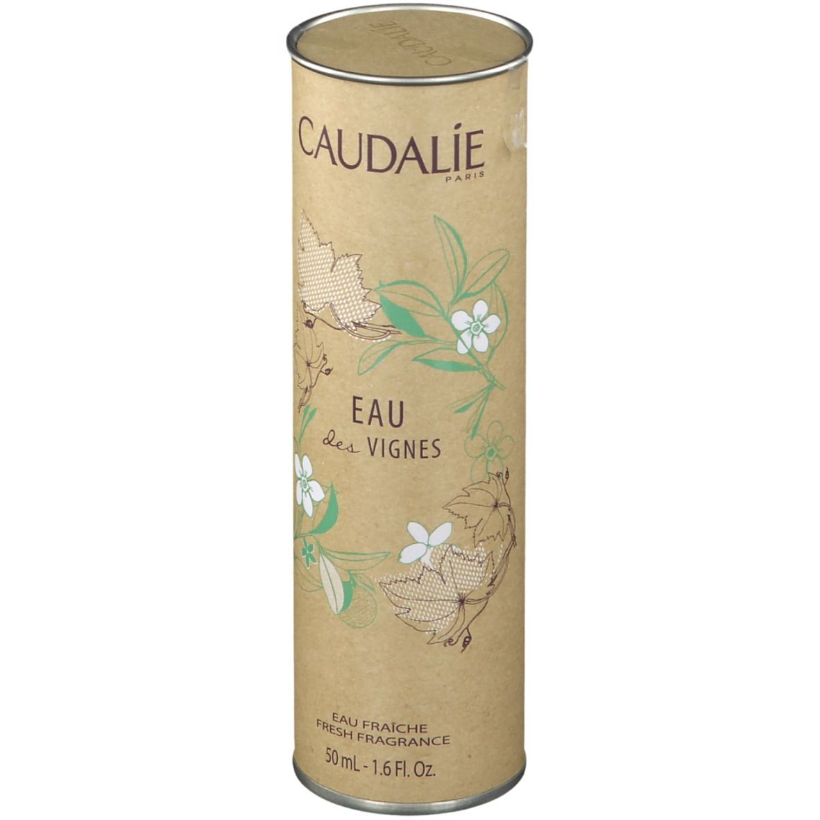 Confezione cilindrica di cartone. Scritta: Caudalie, Eau des Vignes. Con illustrazioni floreali.