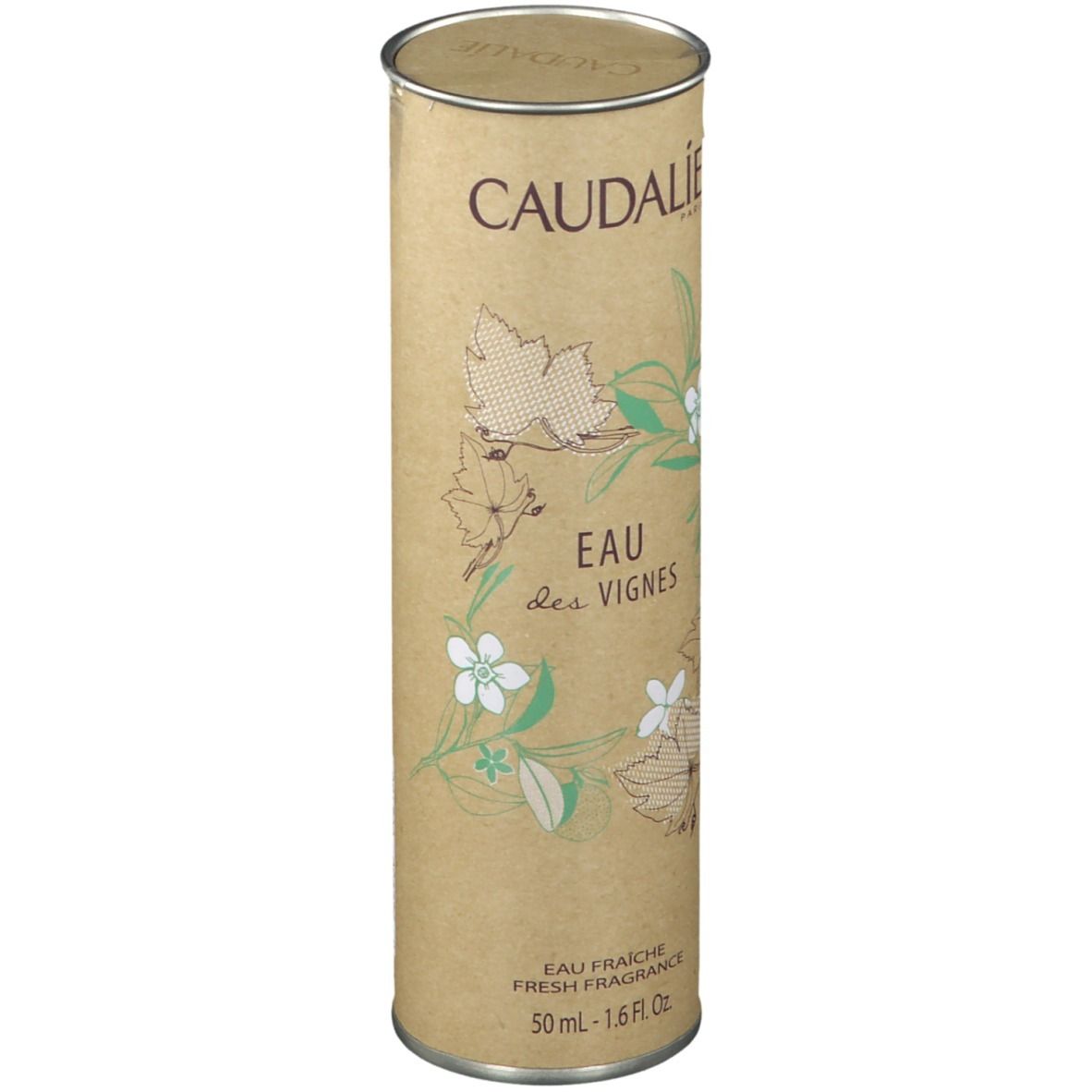 Confezione cilindrica di cartone. Scritta: Caudalie, Eau des Vignes. Con illustrazioni floreali.