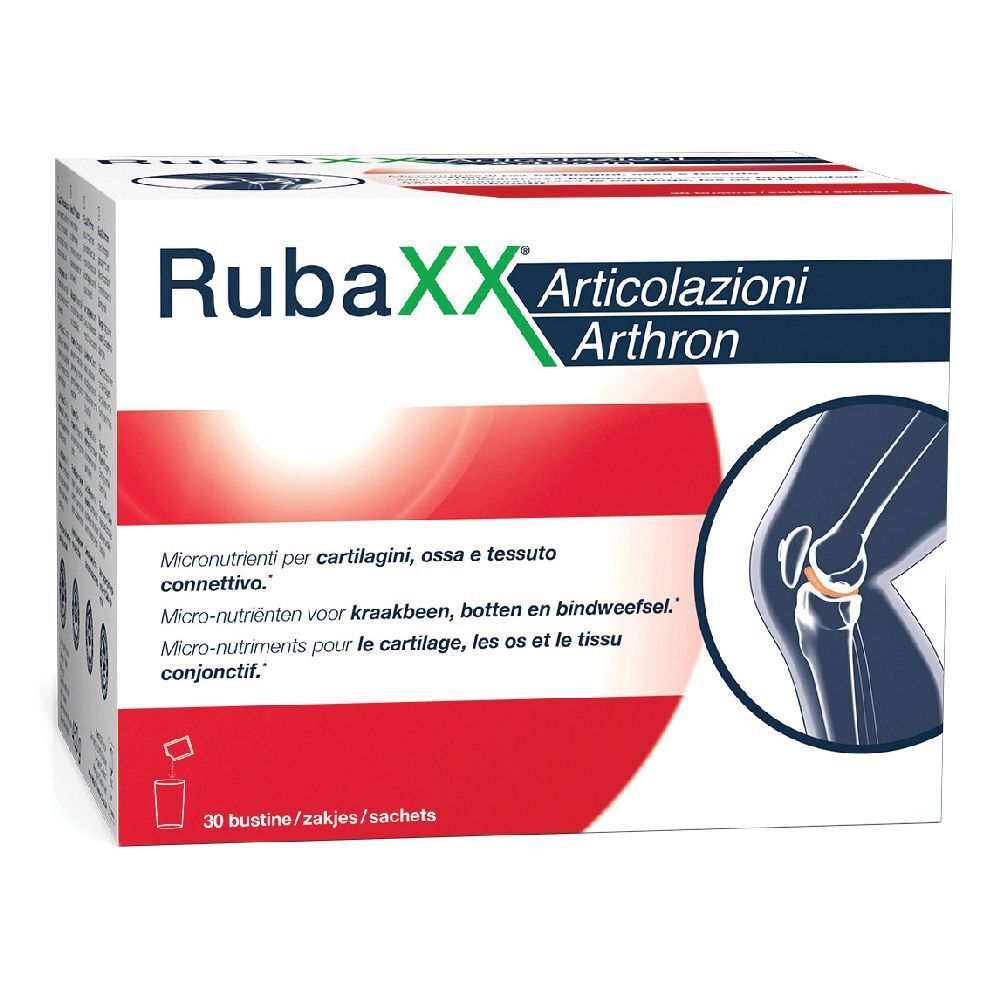 Scatola bianca con fascia rossa. Scritta: RubaXX Articolazioni Arthron. Illustrazione di un ginocchio. 30 bustine.