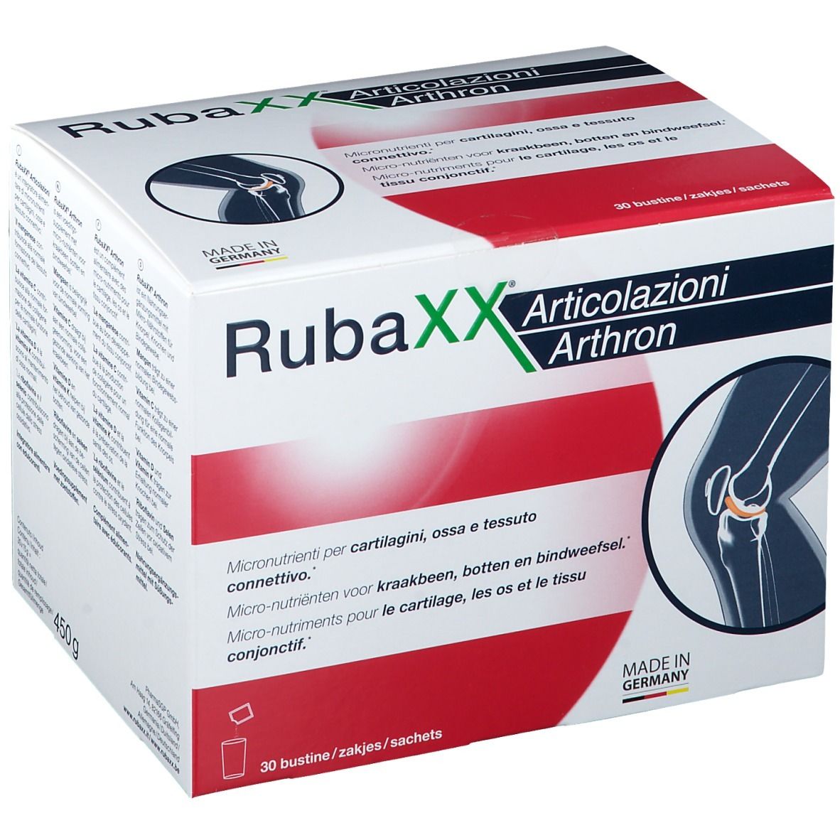 Scatola bianca con fascia rossa. Scritta: RubaXX Articolazioni Arthron. Illustrazione di un ginocchio. 30 bustine. Prodotto in Germania.