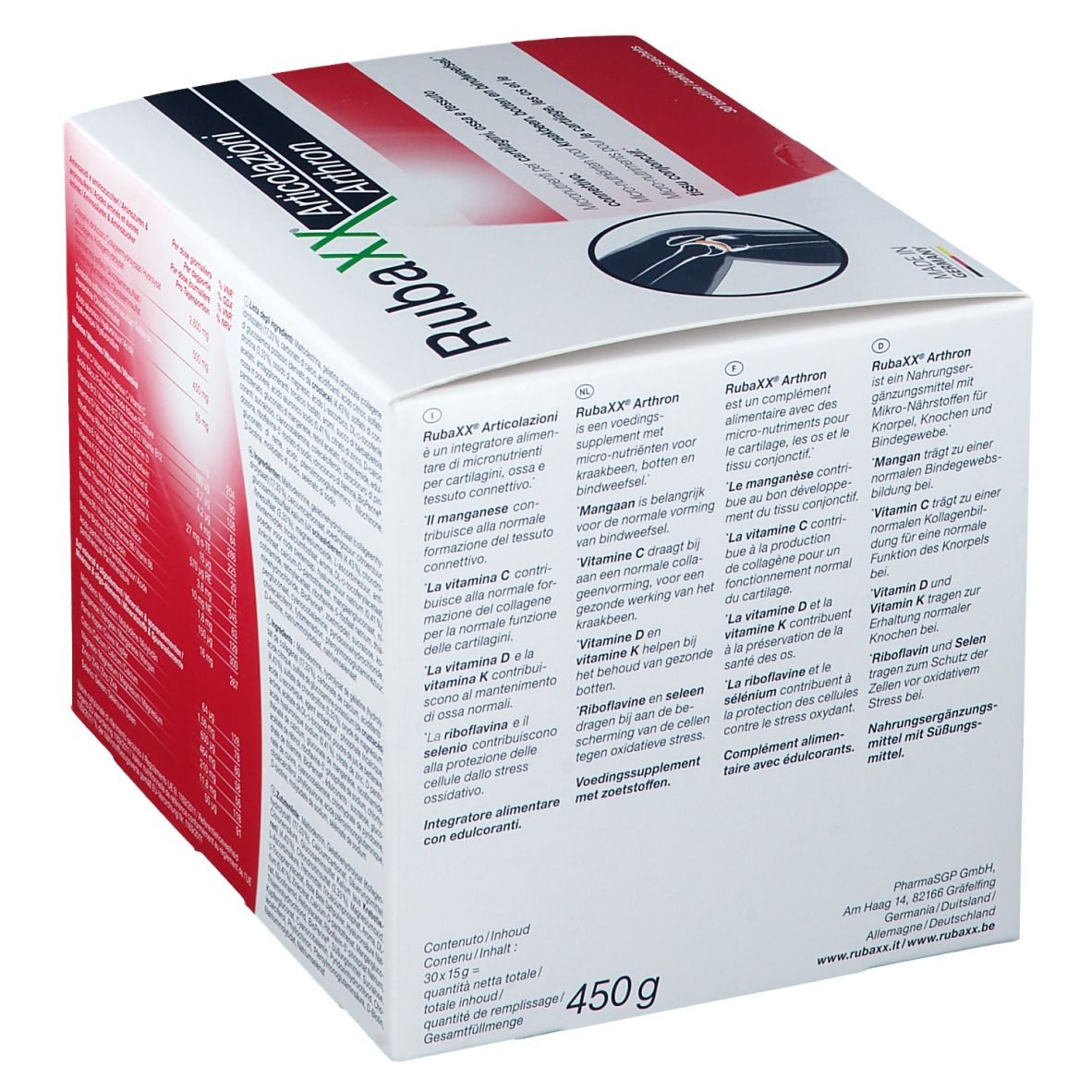 Retro della scatola bianca con fascia rossa. Scritta: RubaXX Articolazioni Arthron. Testo in più lingue. 450g.