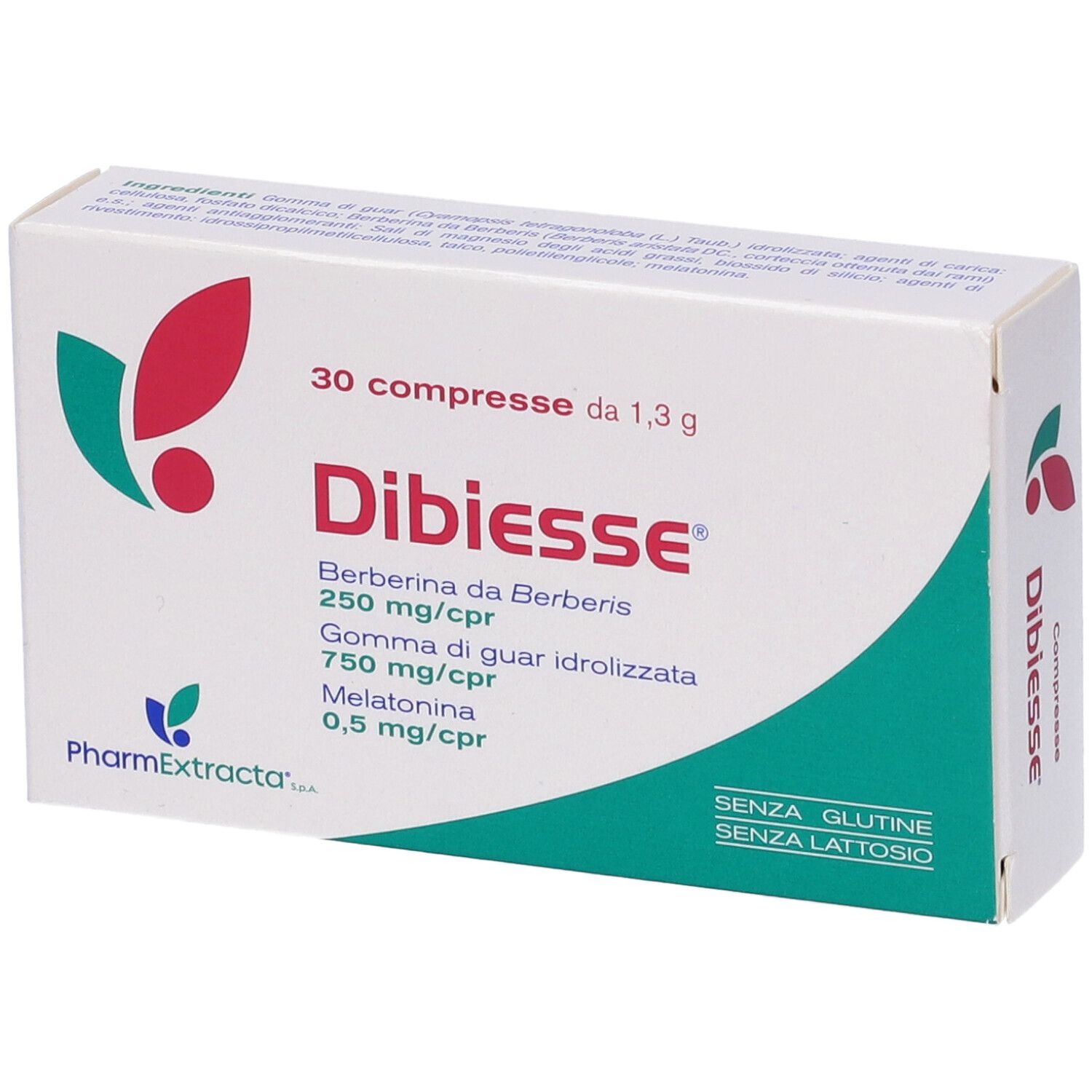 Scatola con 30 compresse. Scritte: Dibiesse, berberina, guar, melatonina. Senza glutine e lattosio.