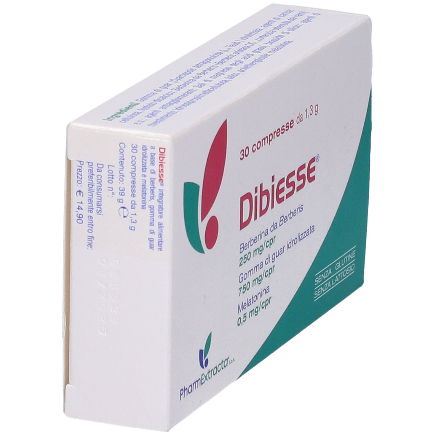 Scatola con 30 compresse. Scritte: Dibiesse, berberina, guar, melatonina. Senza glutine e lattosio.