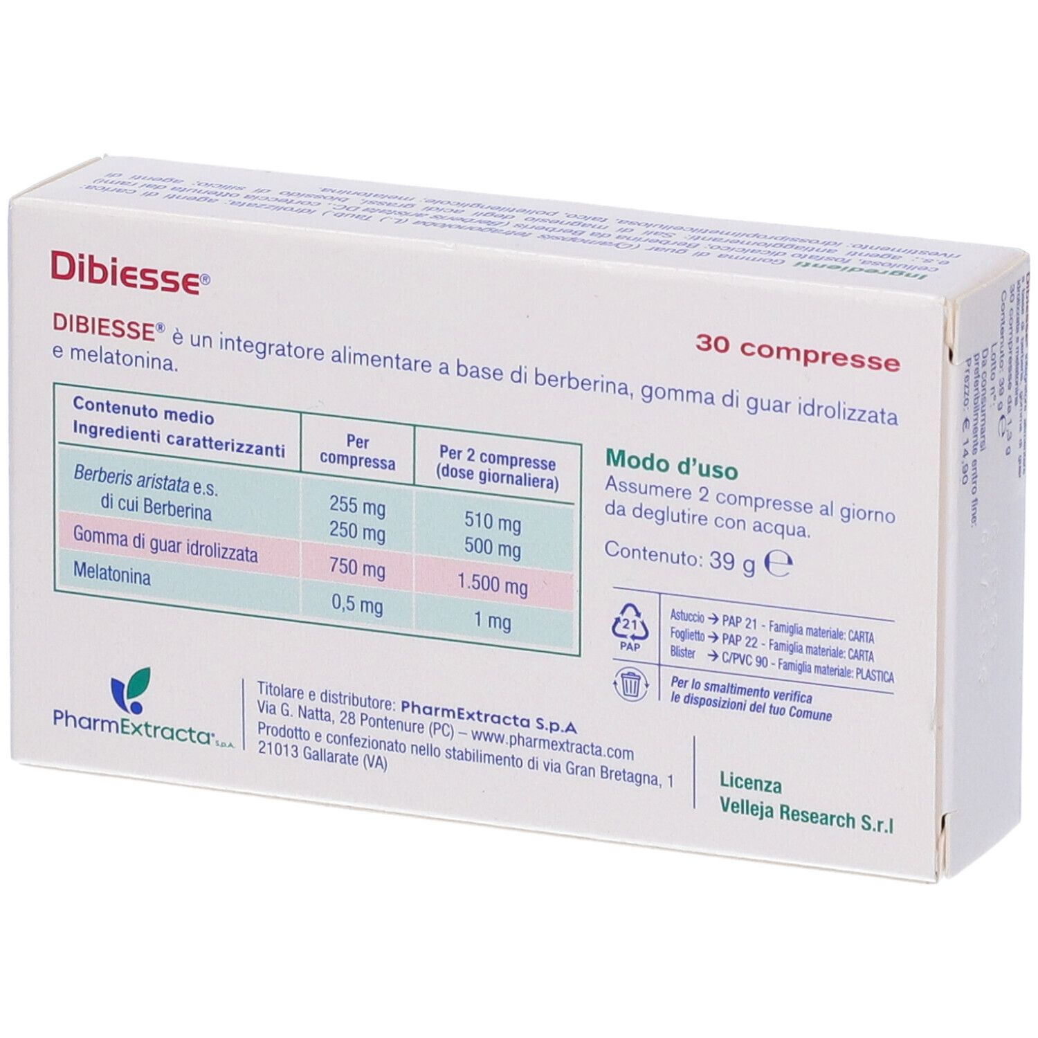 Scatola con 30 compresse. Scritte: Dibiesse, ingredienti, dosaggio. Contiene berberina, guar, melatonina.