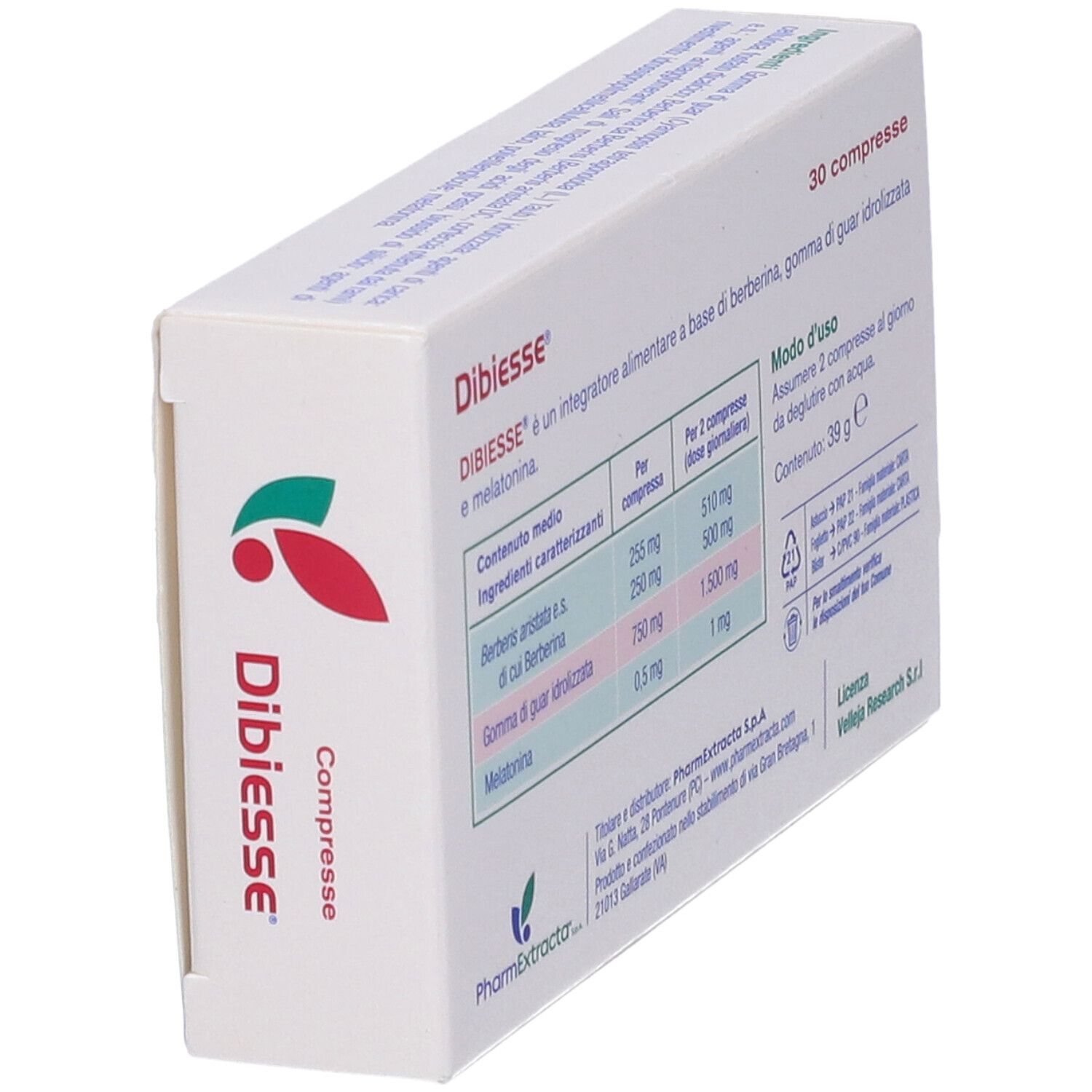 Scatola con 30 compresse. Scritte: Dibiesse, ingredienti, dosaggio. Contiene berberina, guar, melatonina.