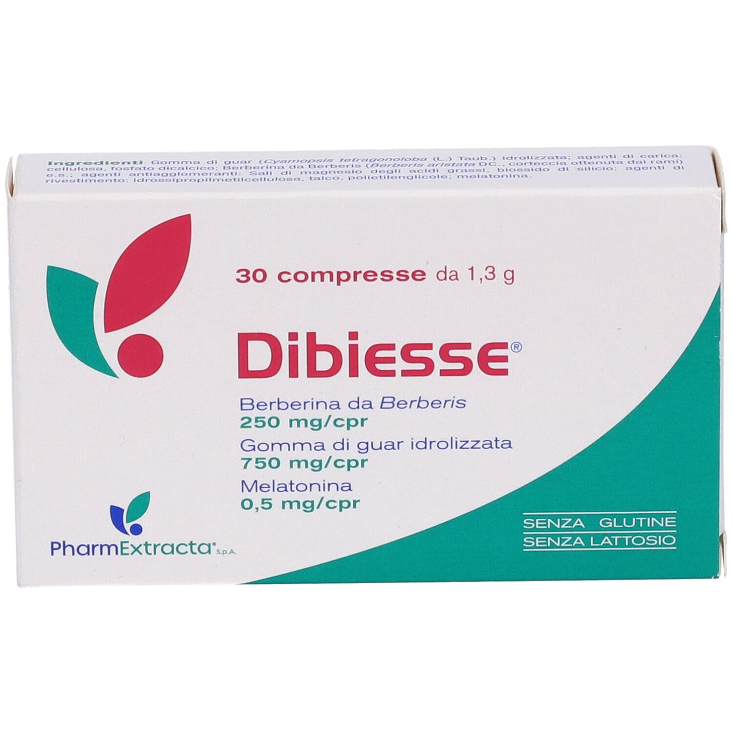 Scatola con 30 compresse. Scritte: Dibiesse, berberina, guar, melatonina. Senza glutine e lattosio.