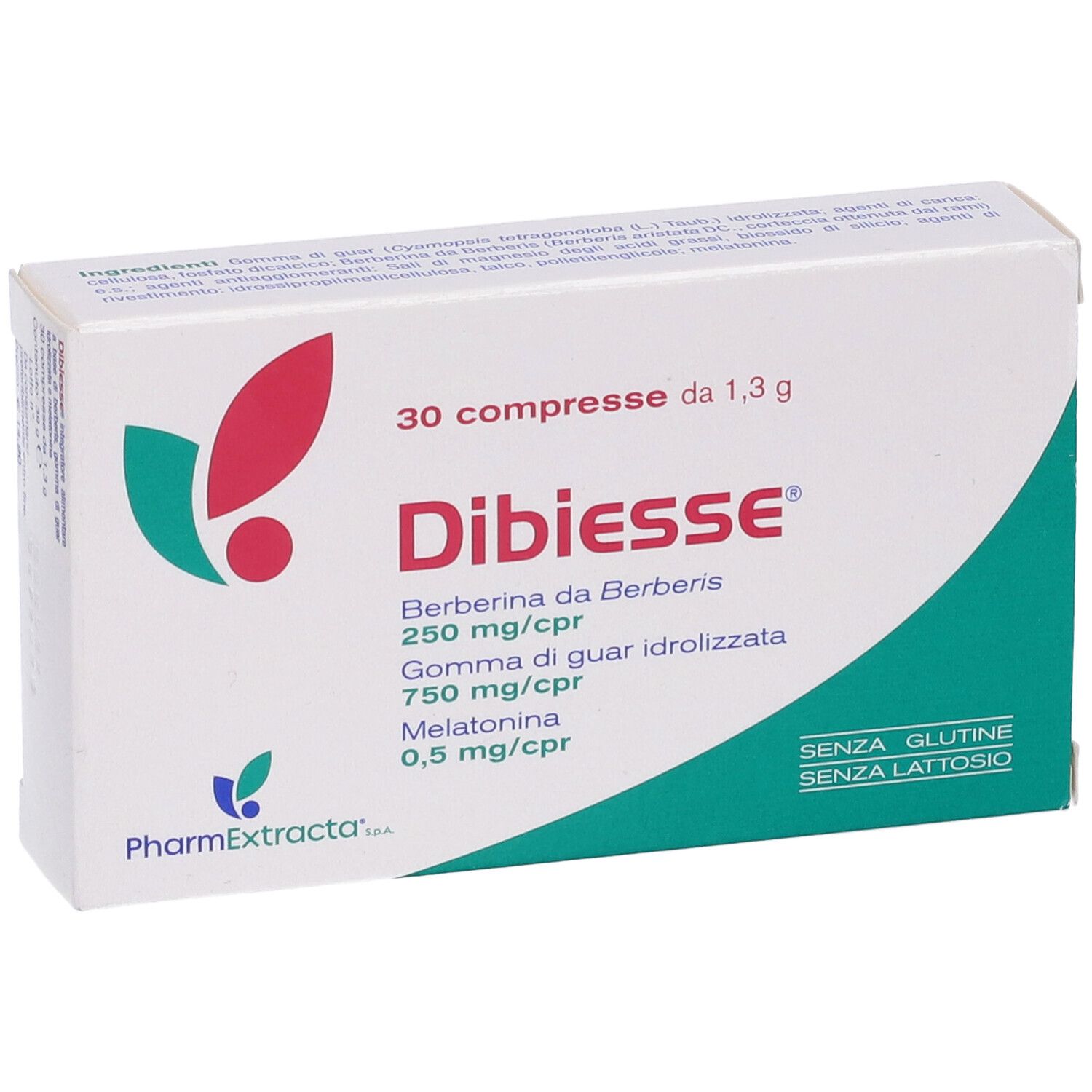 Scatola con 30 compresse. Scritte: Dibiesse, berberina, guar, melatonina. Senza glutine e lattosio.