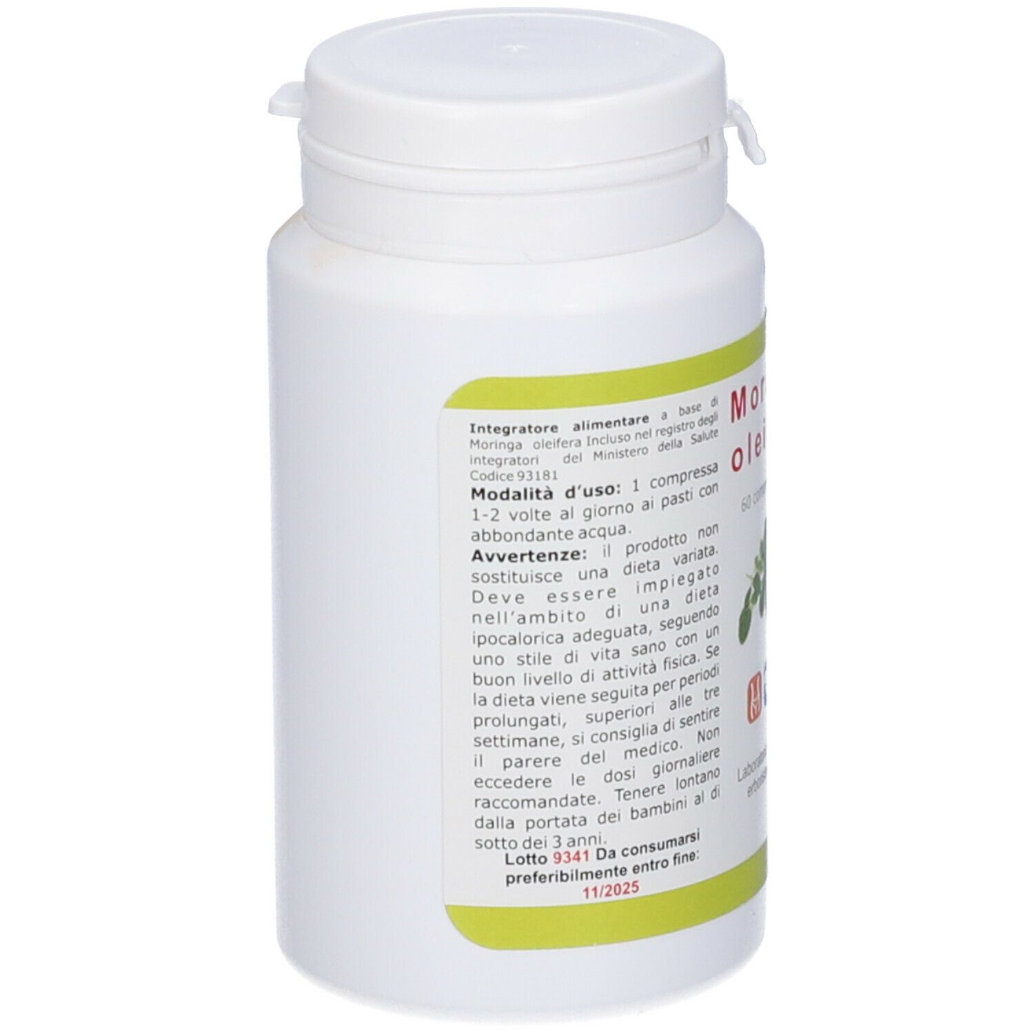 Flacone bianco con tappo. Etichetta con informazioni sul prodotto e data di scadenza. Moringa Oleifera Compresse.