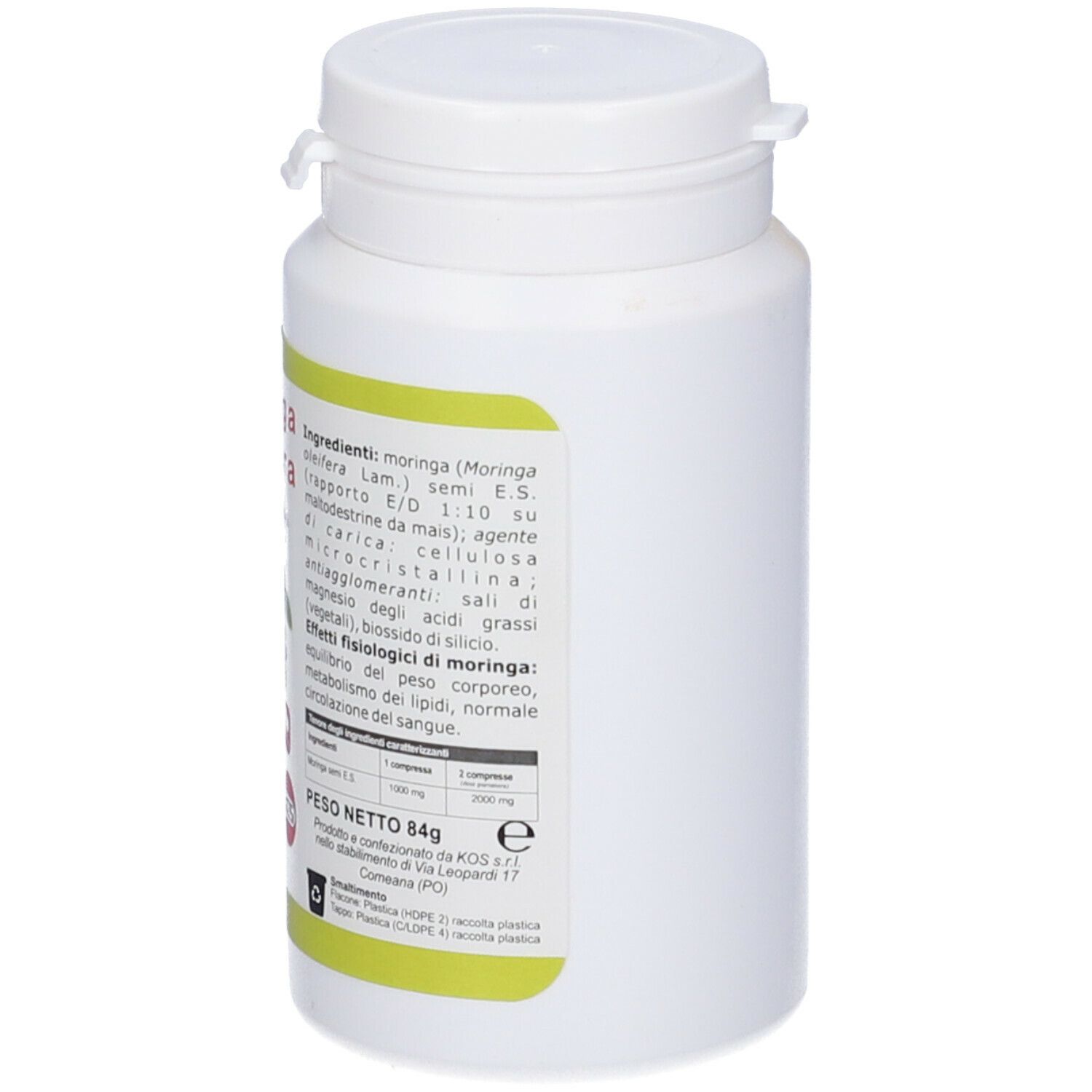 Flacone bianco con tappo. Etichetta con ingredienti e peso. Moringa Oleifera Compresse.