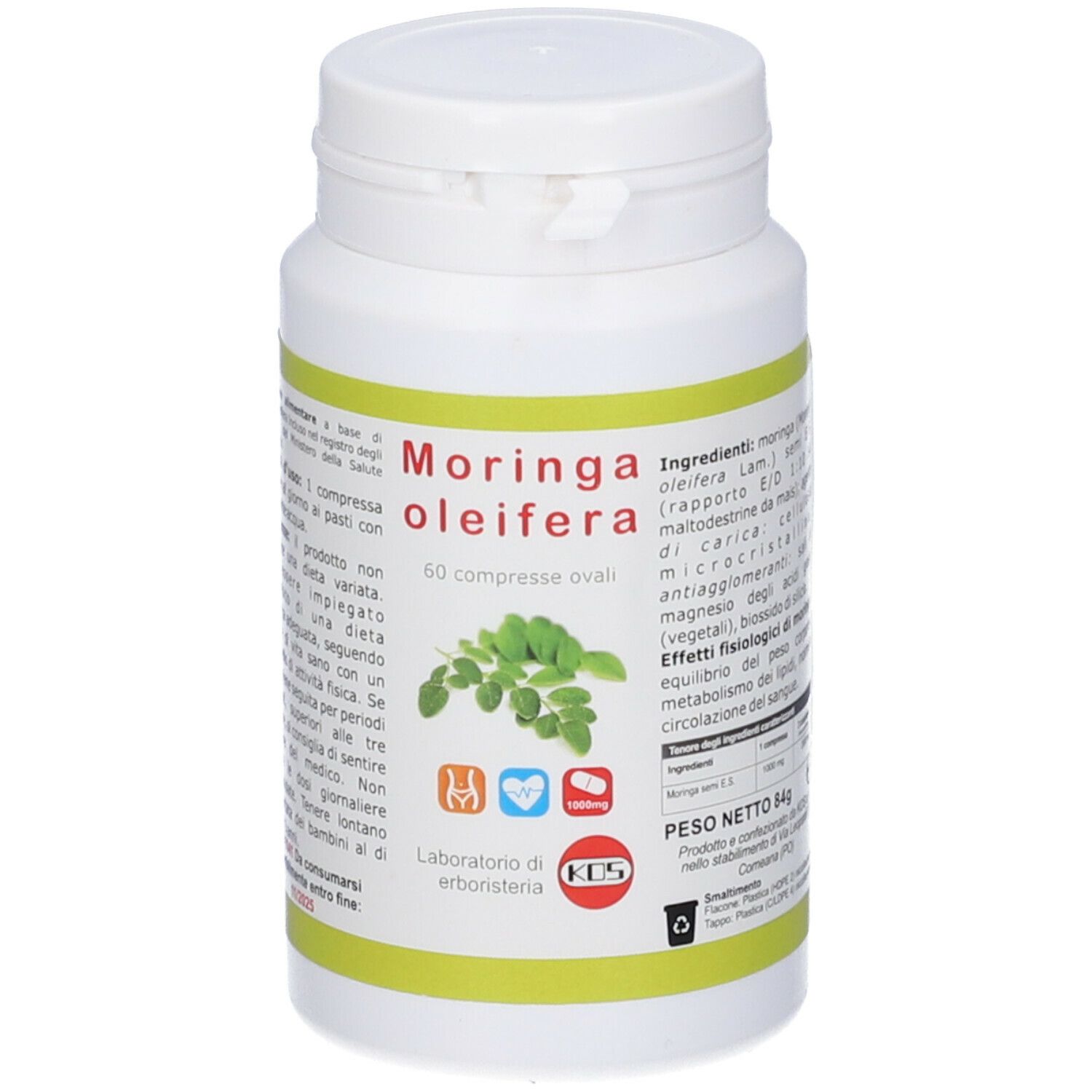 Flacone bianco con tappo. Etichetta con nome, foglie e icone. 60 compresse. Moringa Oleifera Compresse.