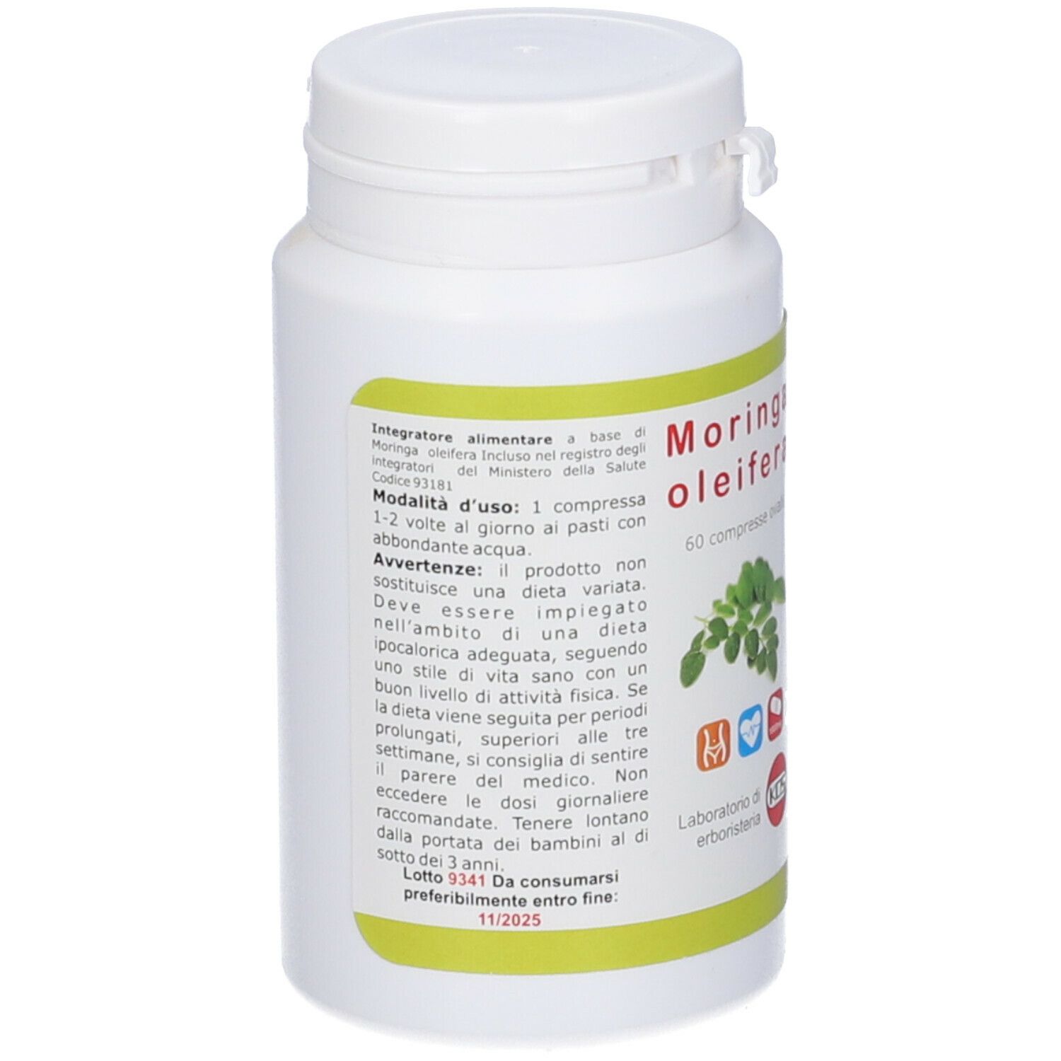 Flacone bianco con tappo. Etichetta con informazioni e data di scadenza. Moringa Oleifera Compresse.