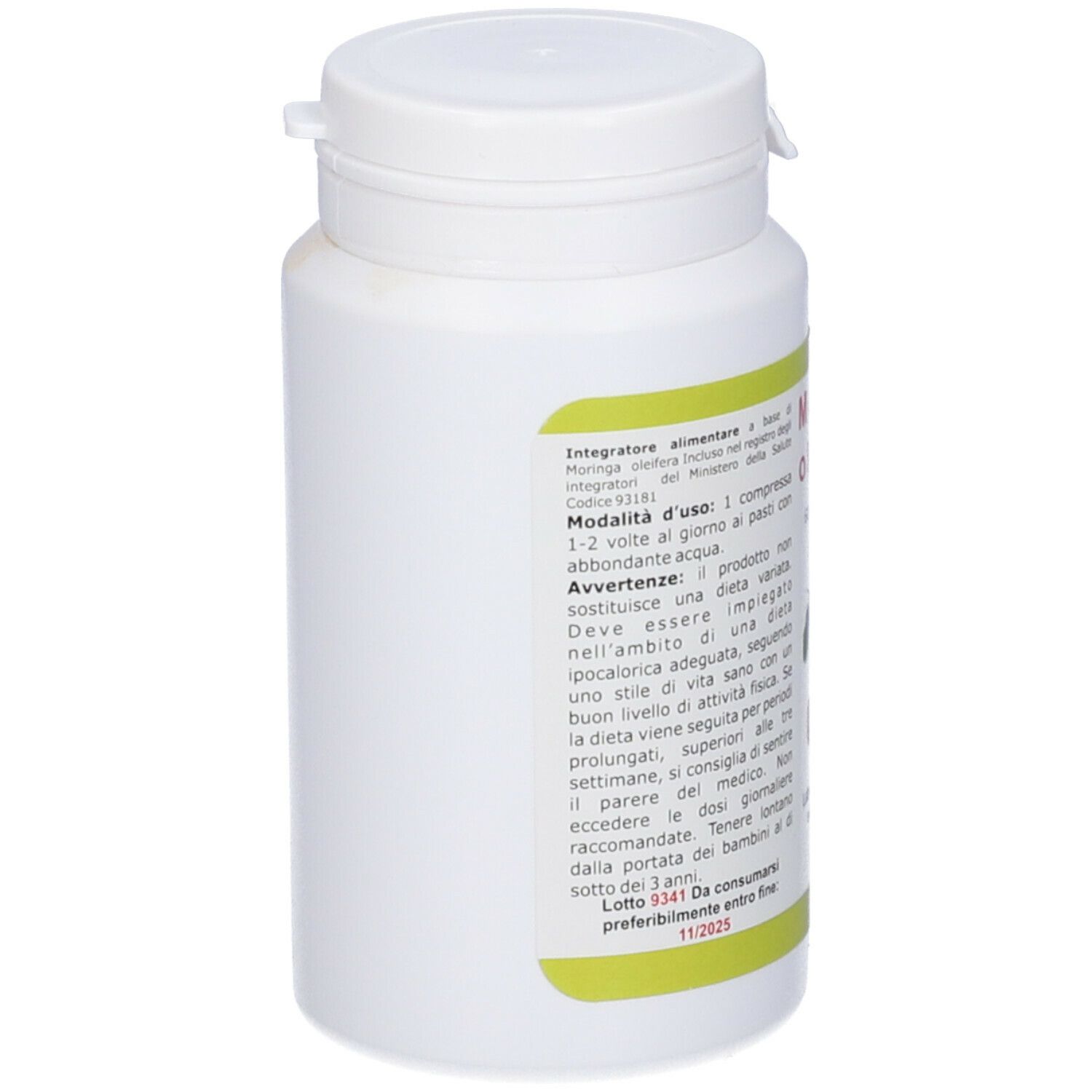 Flacone bianco con tappo. Etichetta con informazioni e data di scadenza. Moringa Oleifera Compresse.