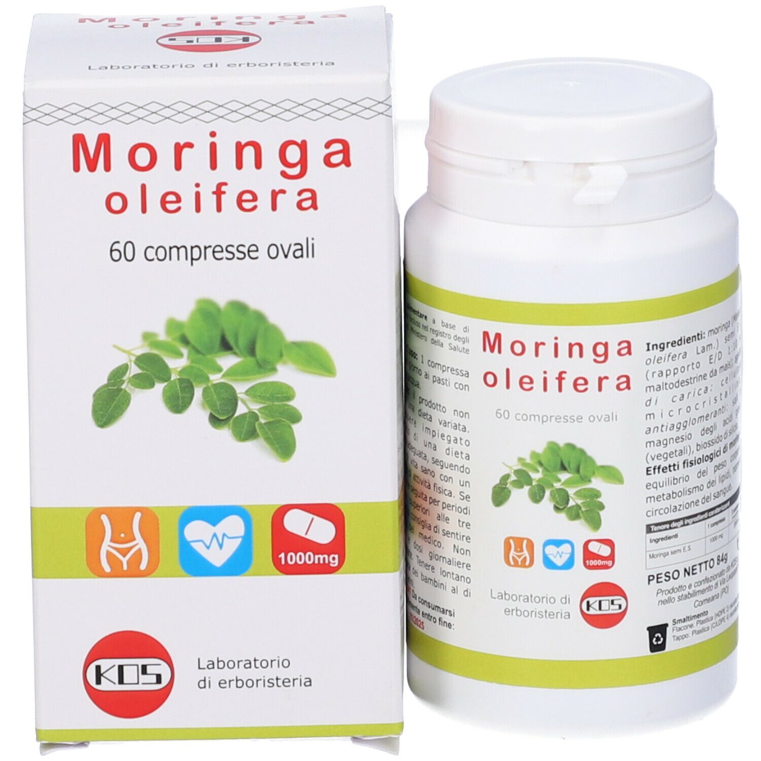 KOS Moringa Oleifera Compresse. Flacone e scatola bianchi. 60 compresse. Nome del prodotto e icone.