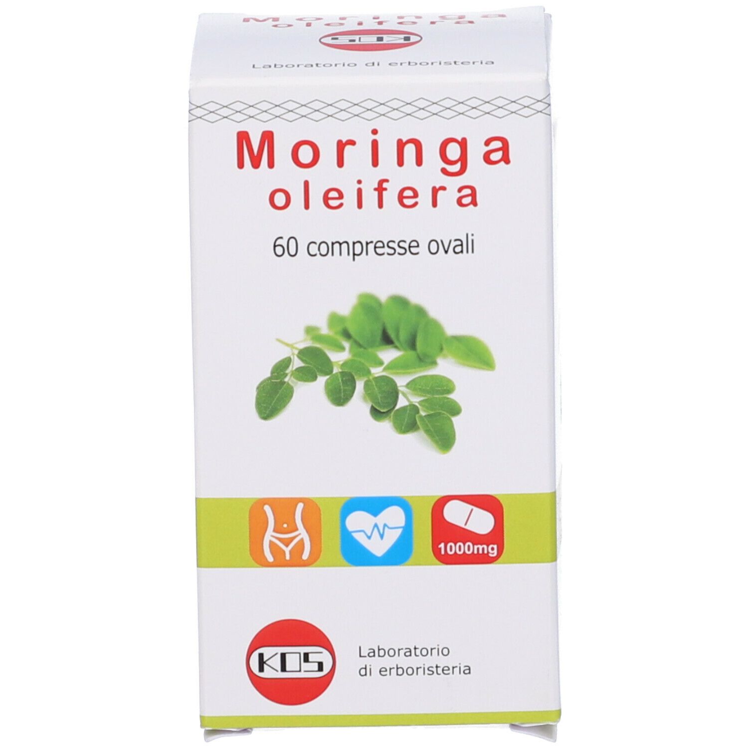 KOS Moringa Oleifera Compresse. Scatola bianca con nome, foglie e icone. 60 compresse.