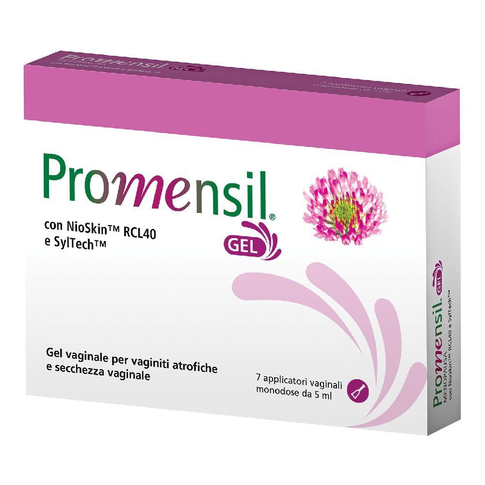 Confezione di Promensil Gel. Scatola rosa e bianca con nome del prodotto, illustrazione di trifoglio e testo. Contiene 7 applicatori vaginali.
